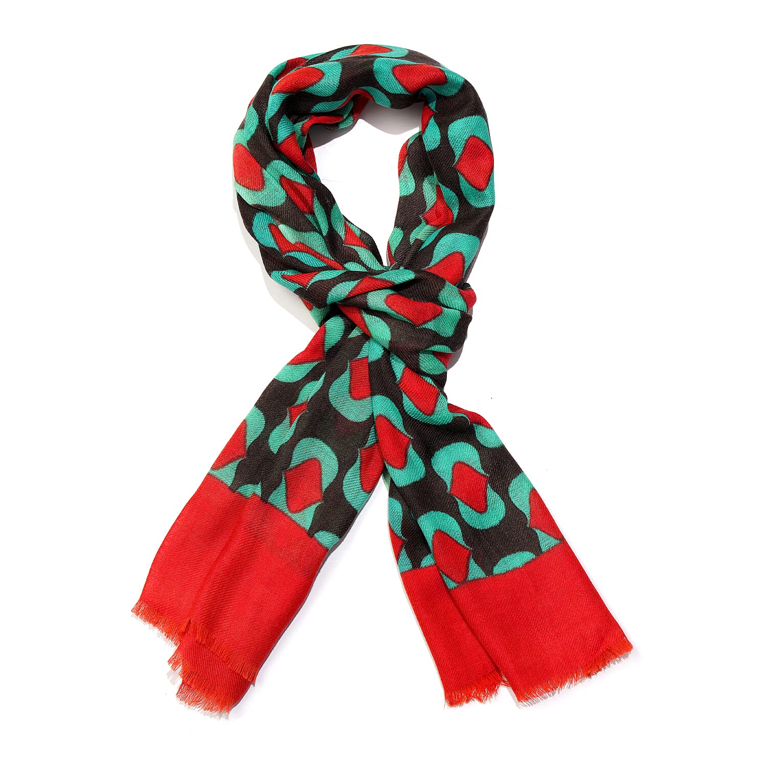 100% Wool Printed Scarf (Size 180x64 Cm) - Red, Brown and Green