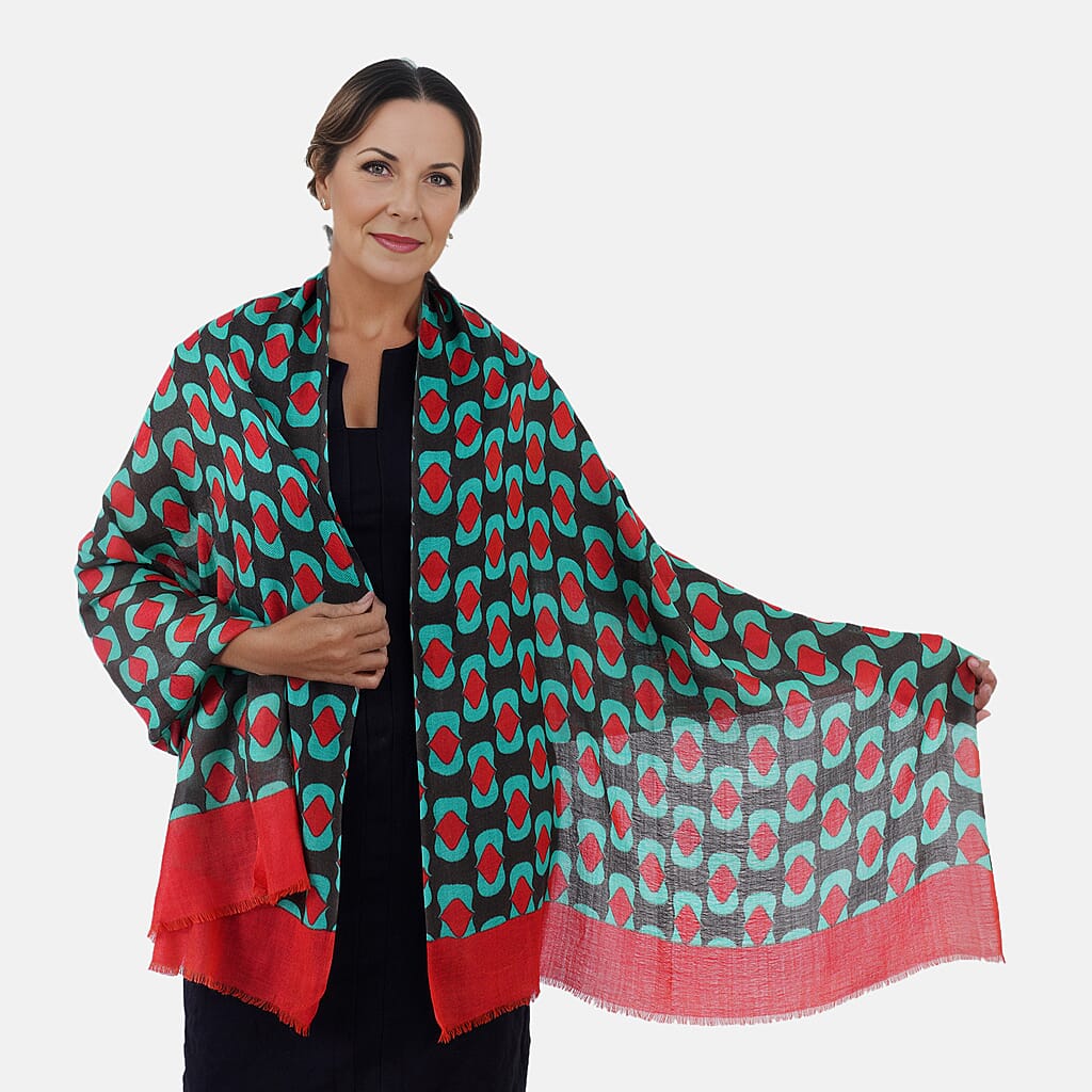 100% Wool Printed Scarf (Size 180x64 Cm) - Red, Brown and Green
