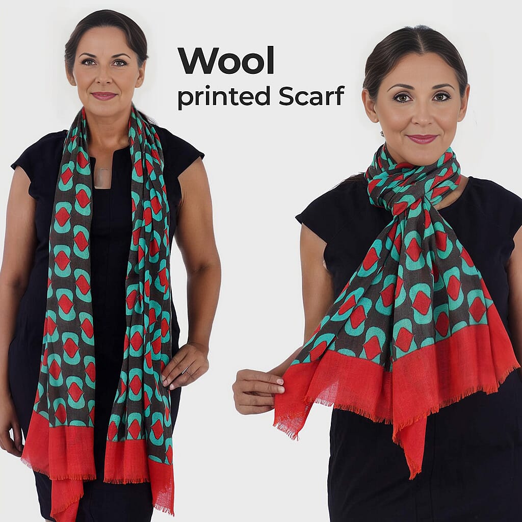 100% Wool Printed Scarf (Size 180x64 Cm) - Red, Brown and Green