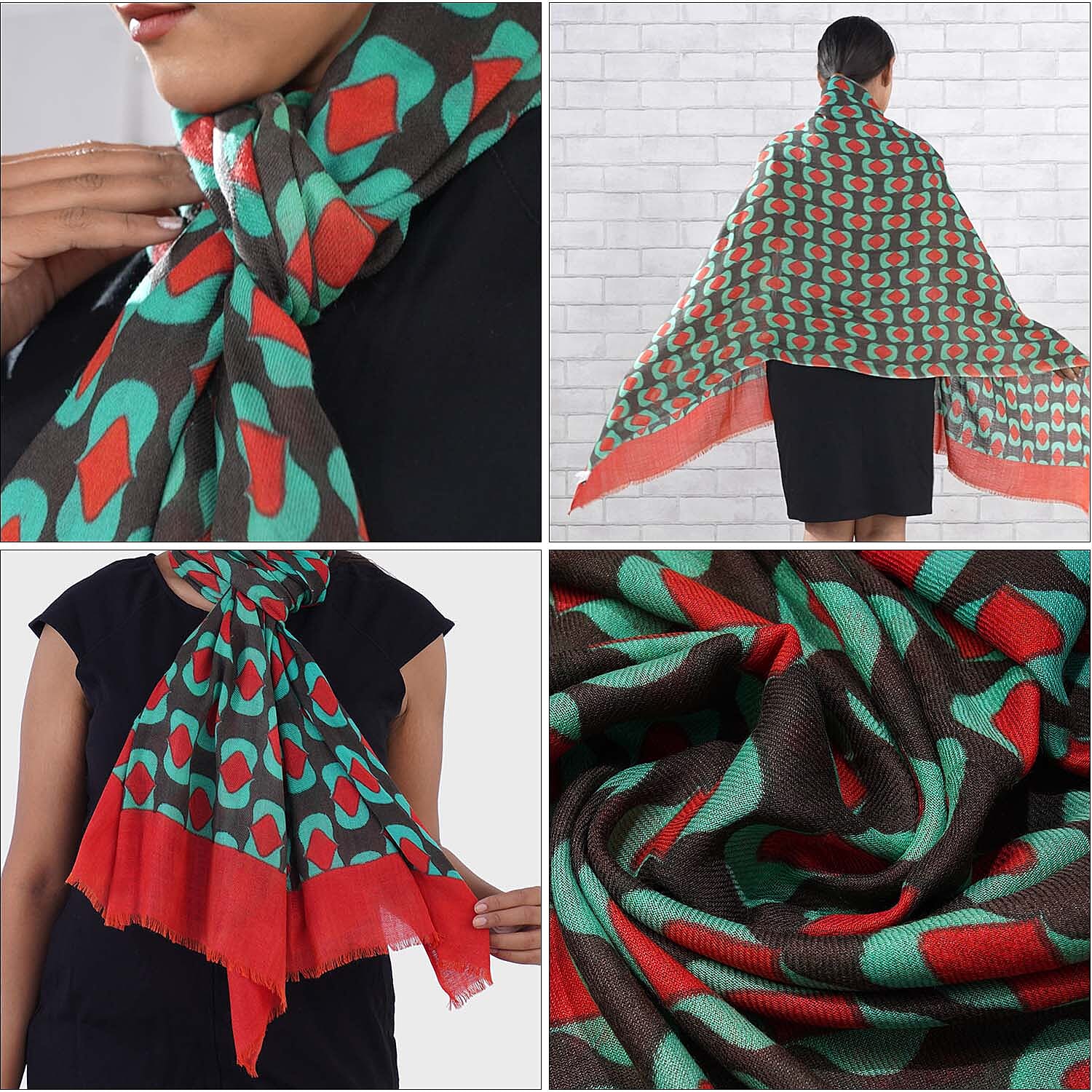 100% Wool Printed Scarf (Size 180x64 Cm) - Red, Brown and Green