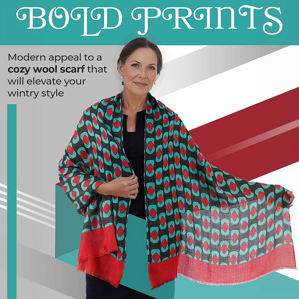 100% Wool Printed Scarf (Size 180x64 Cm) - Red, Brown and Green