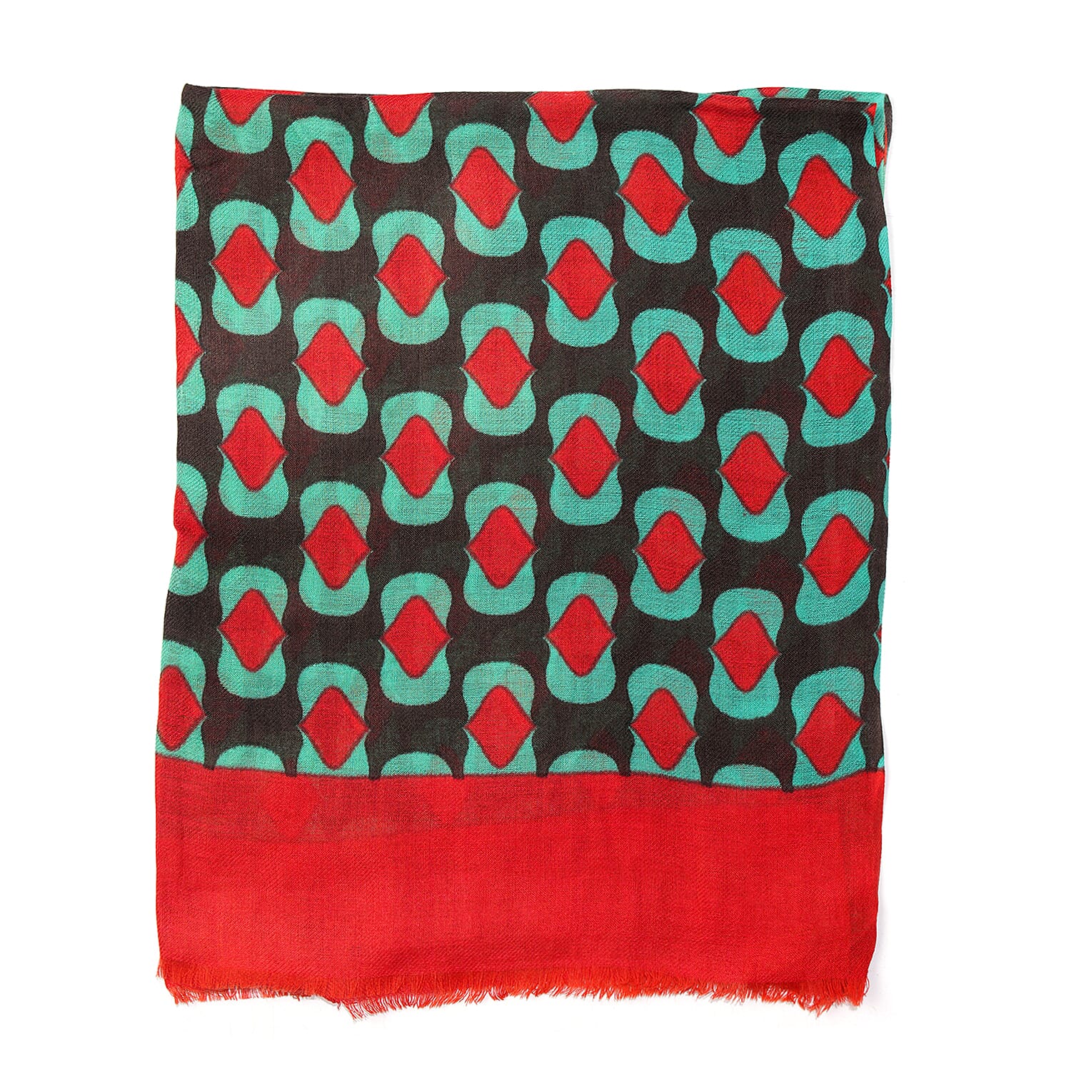 100% Wool Printed Scarf (Size 180x64 Cm) - Red, Brown and Green