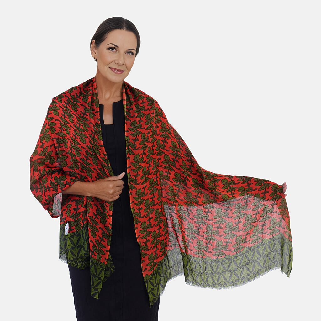 100% Wool Leaf Pattern Scarf (Size 180x70 Cm) - Red