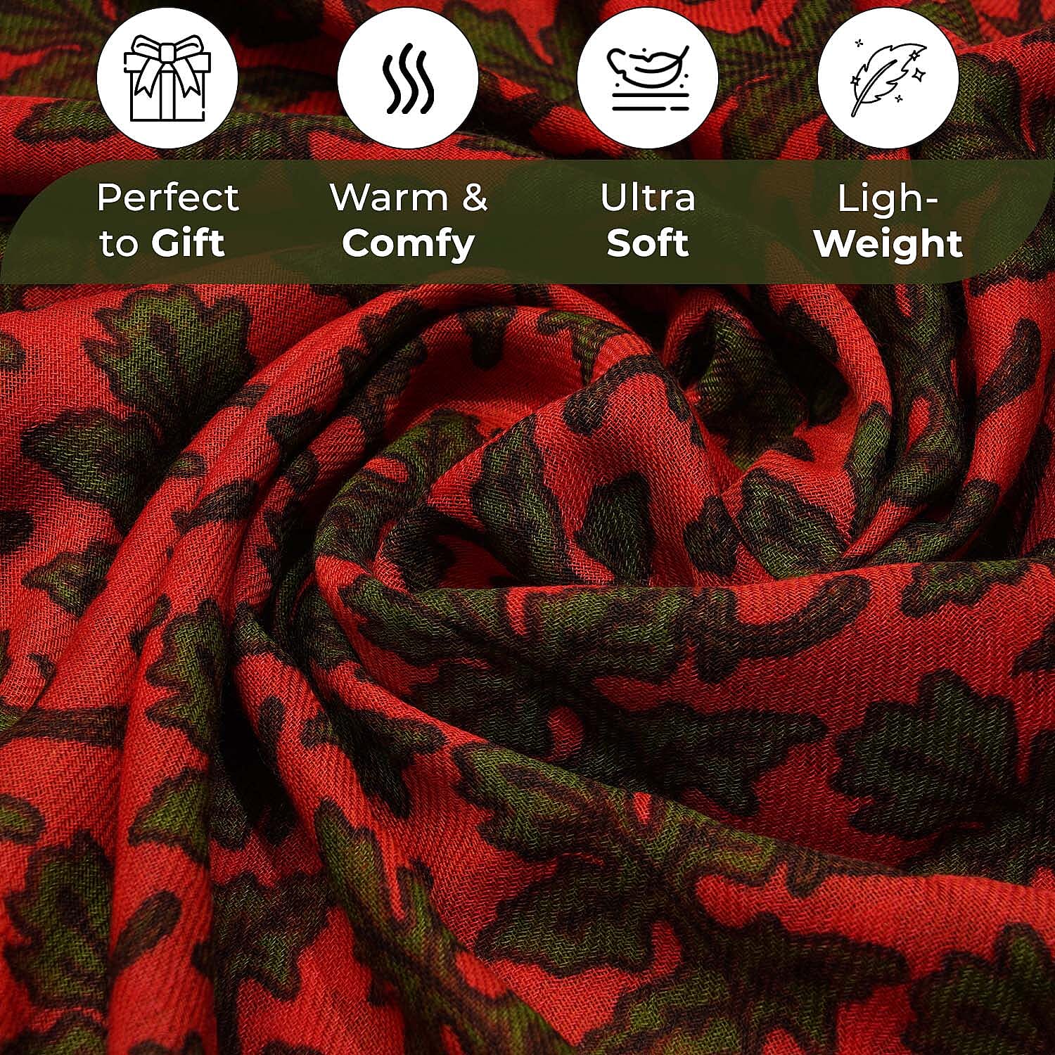 100% Wool Leaf Pattern Scarf (Size 180x70 Cm) - Red