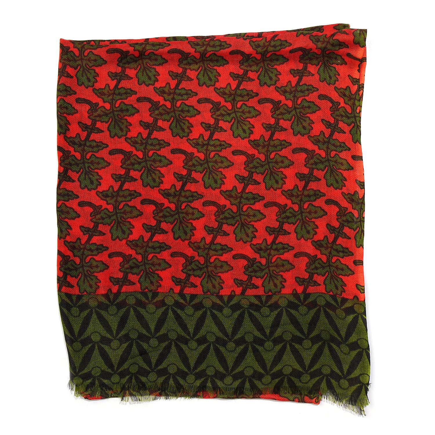 100% Wool Leaf Pattern Scarf (Size 180x70 Cm) - Red