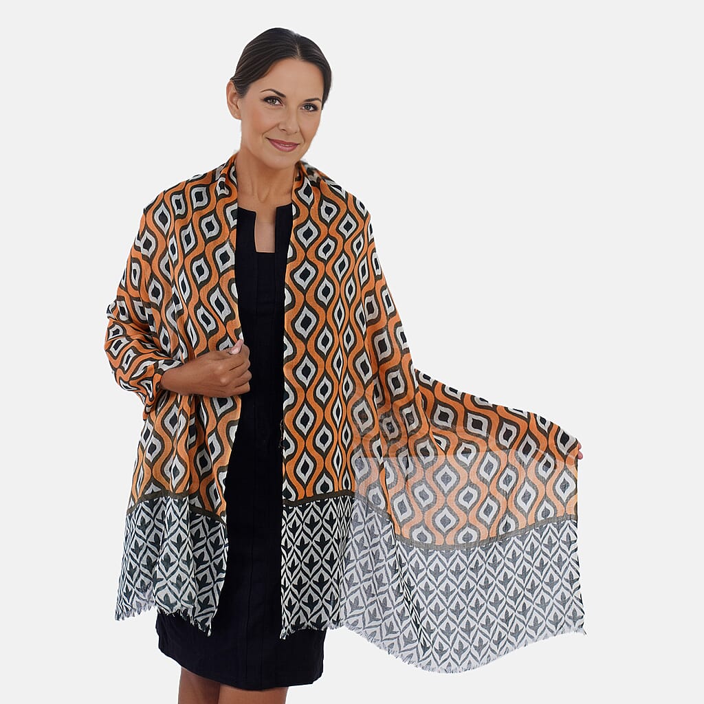 100% Wool Printed Scarf (Size 180x70 Cm) -  Orange