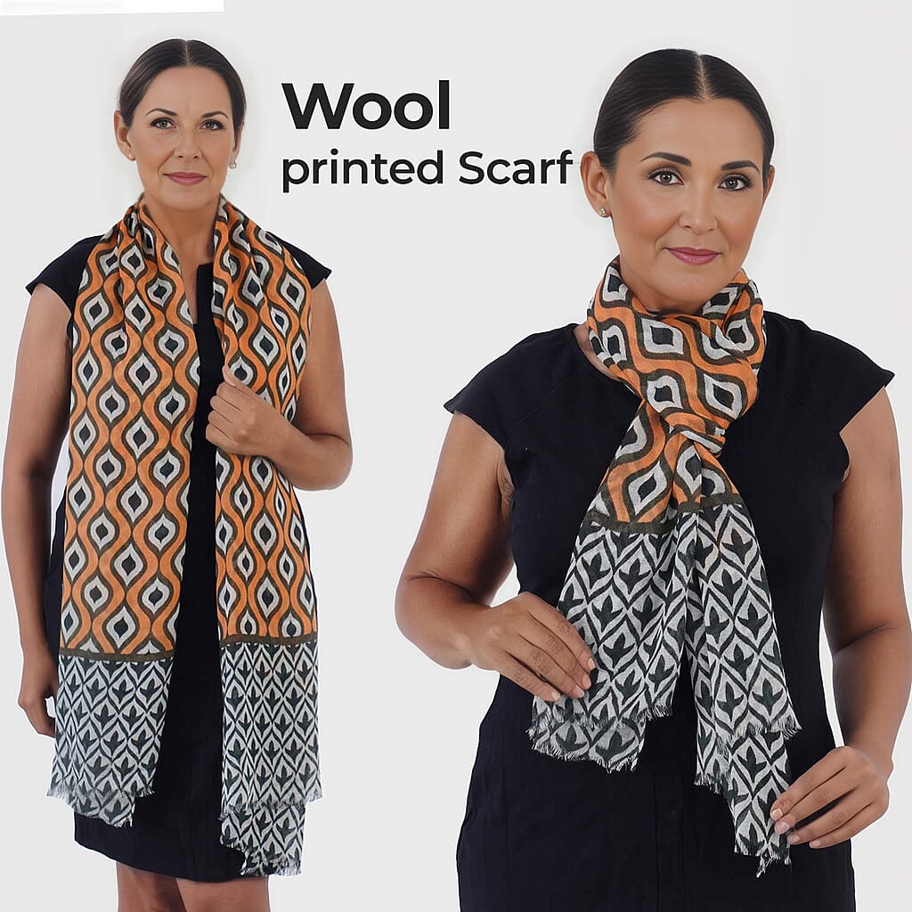 100% Wool Printed Scarf (Size 180x70 Cm) -  Orange