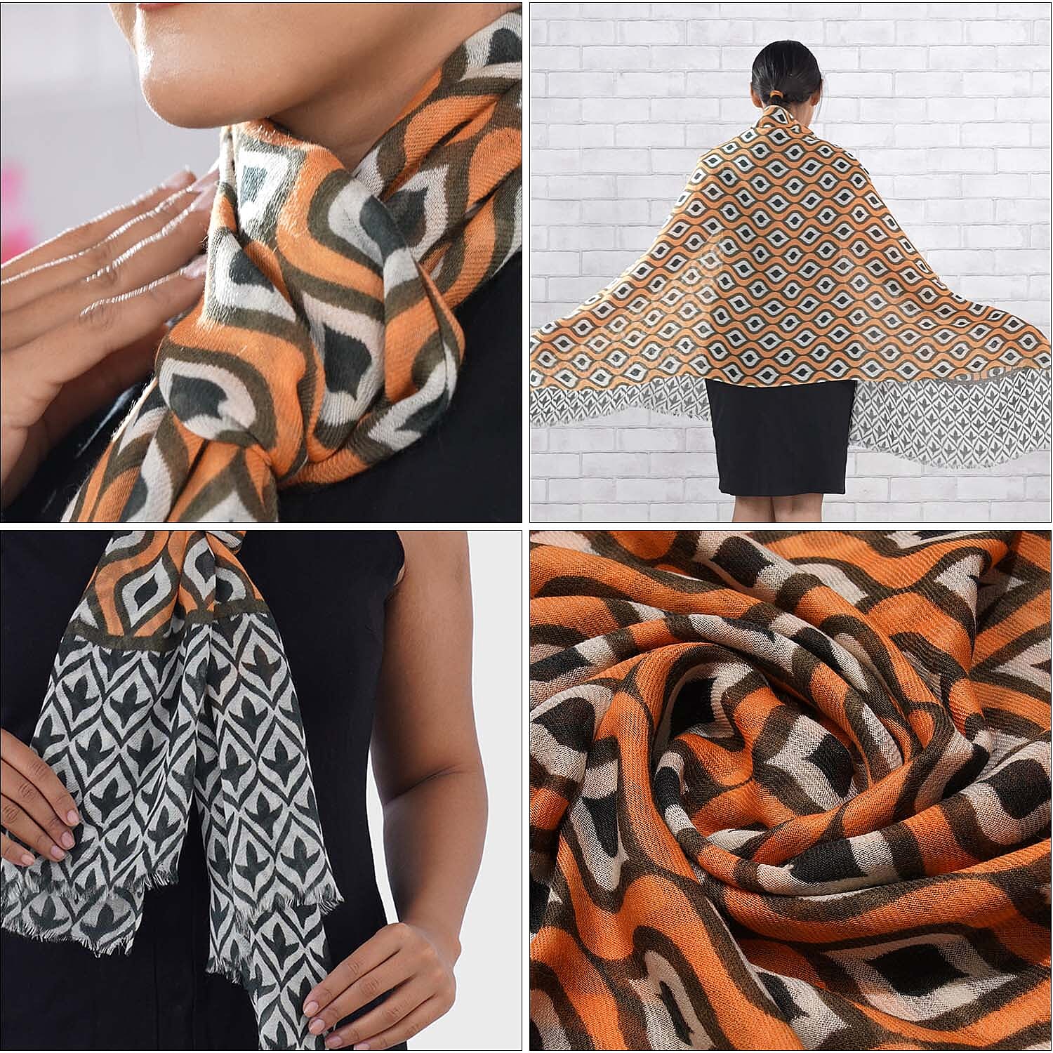 100% Wool Printed Scarf (Size 180x70 Cm) -  Orange