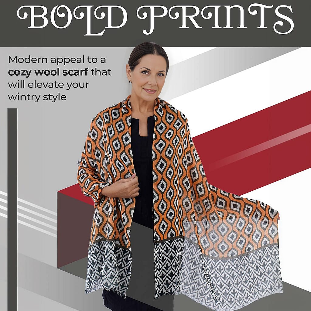 100% Wool Printed Scarf (Size 180x70 Cm) -  Orange