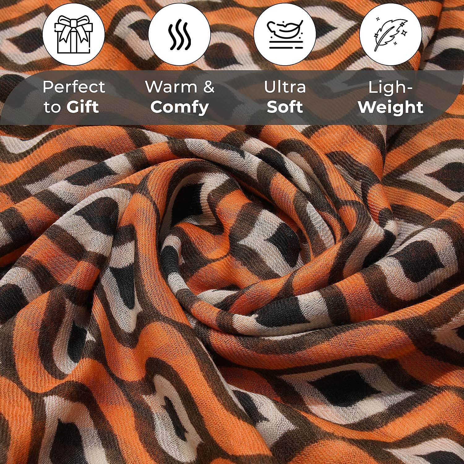 100% Wool Printed Scarf (Size 180x70 Cm) -  Orange