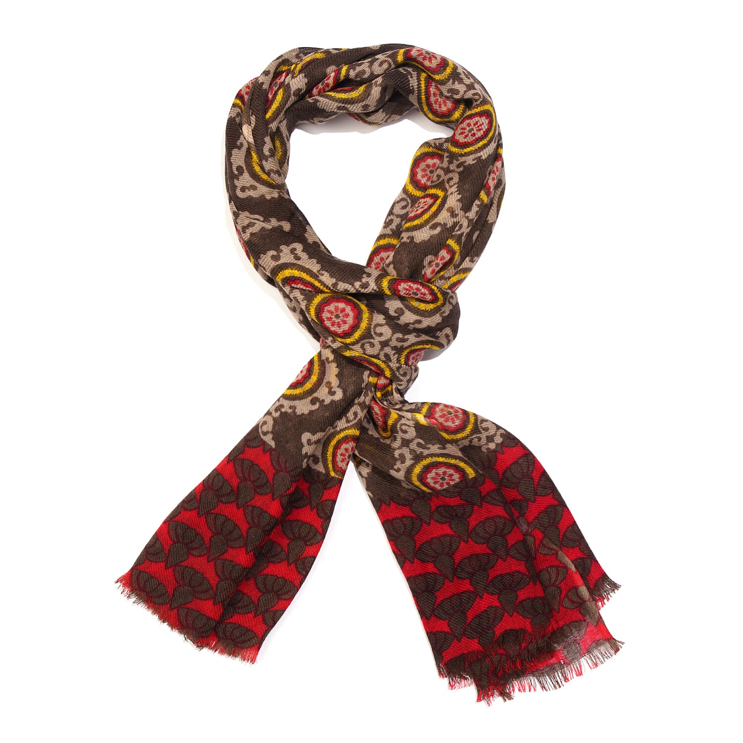 100% Wool Printed Scarf (Size 180x70 Cm) - Brown Red