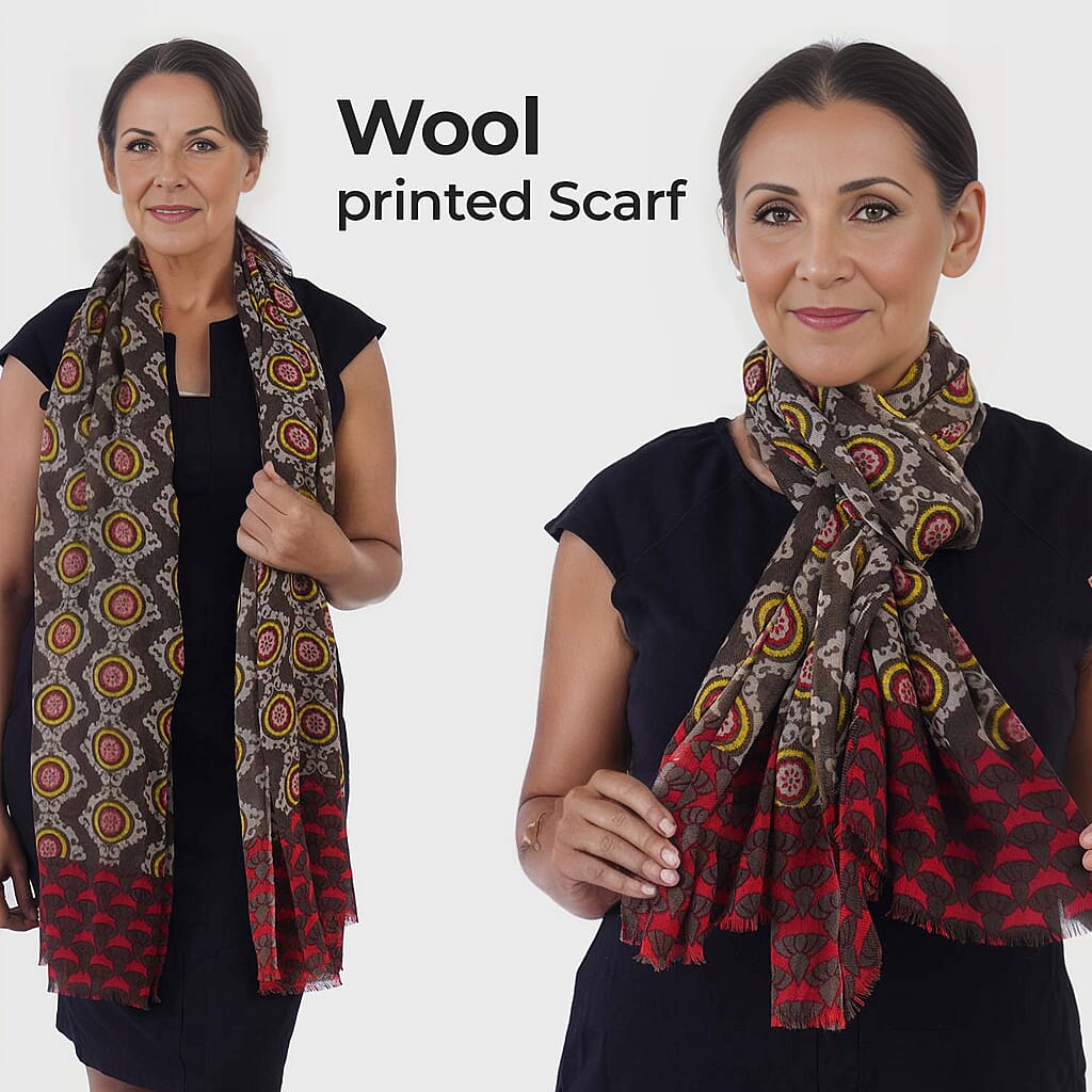 100% Wool Printed Scarf (Size 180x70 Cm) - Brown Red