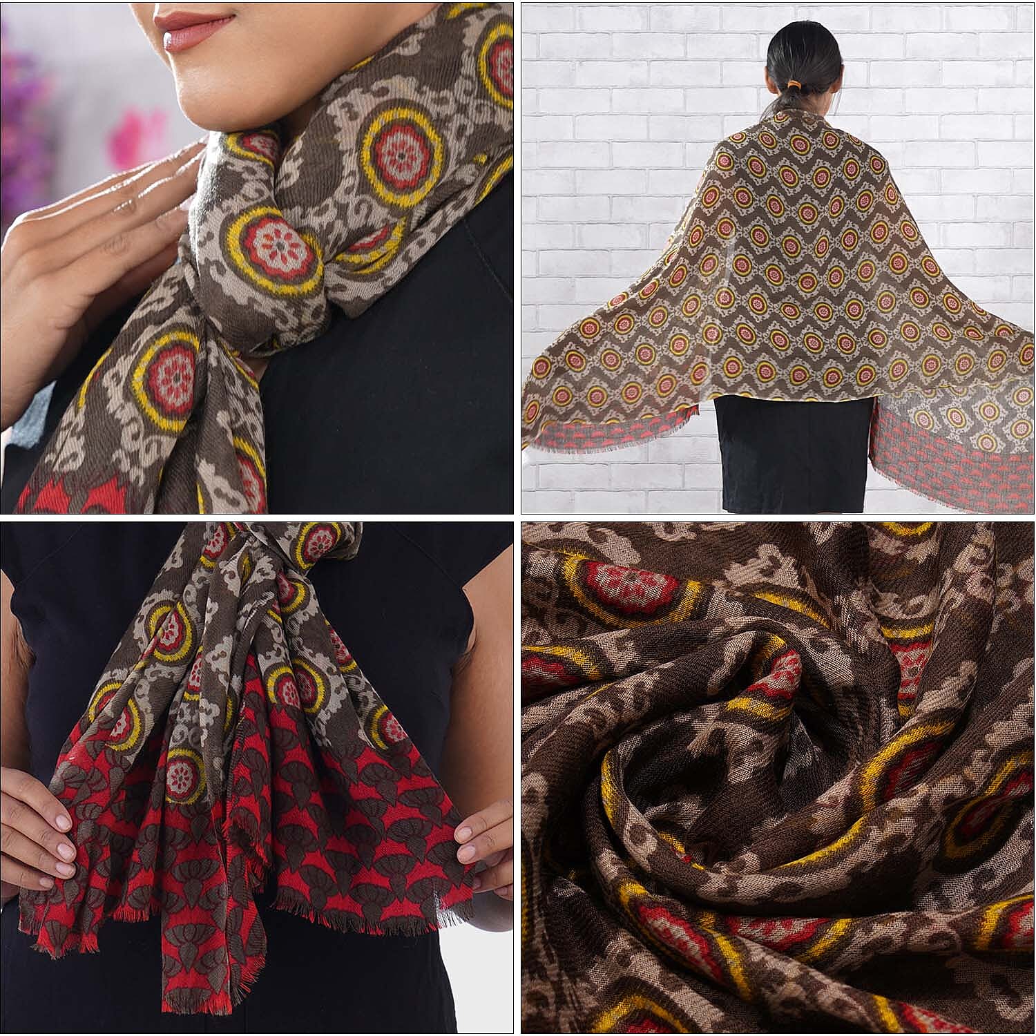 100% Wool Printed Scarf (Size 180x70 Cm) - Brown Red