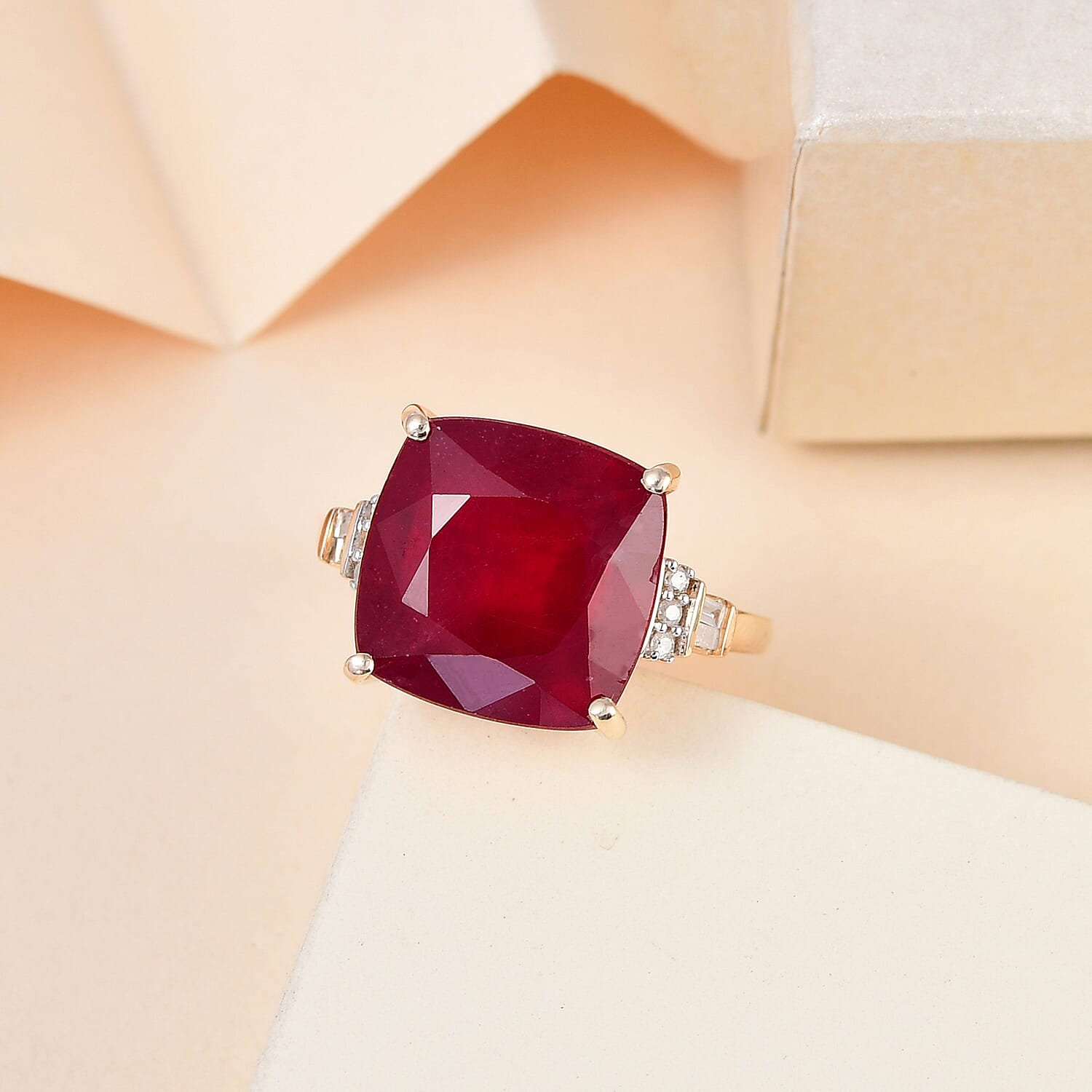 9K Yellow Gold African Ruby and Diamond Ring 11.67 Ct.