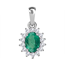 9K White Gold  AA  Zambian Emerald ,White Diamond ( I3 ) Pendant 0.92 Ct.