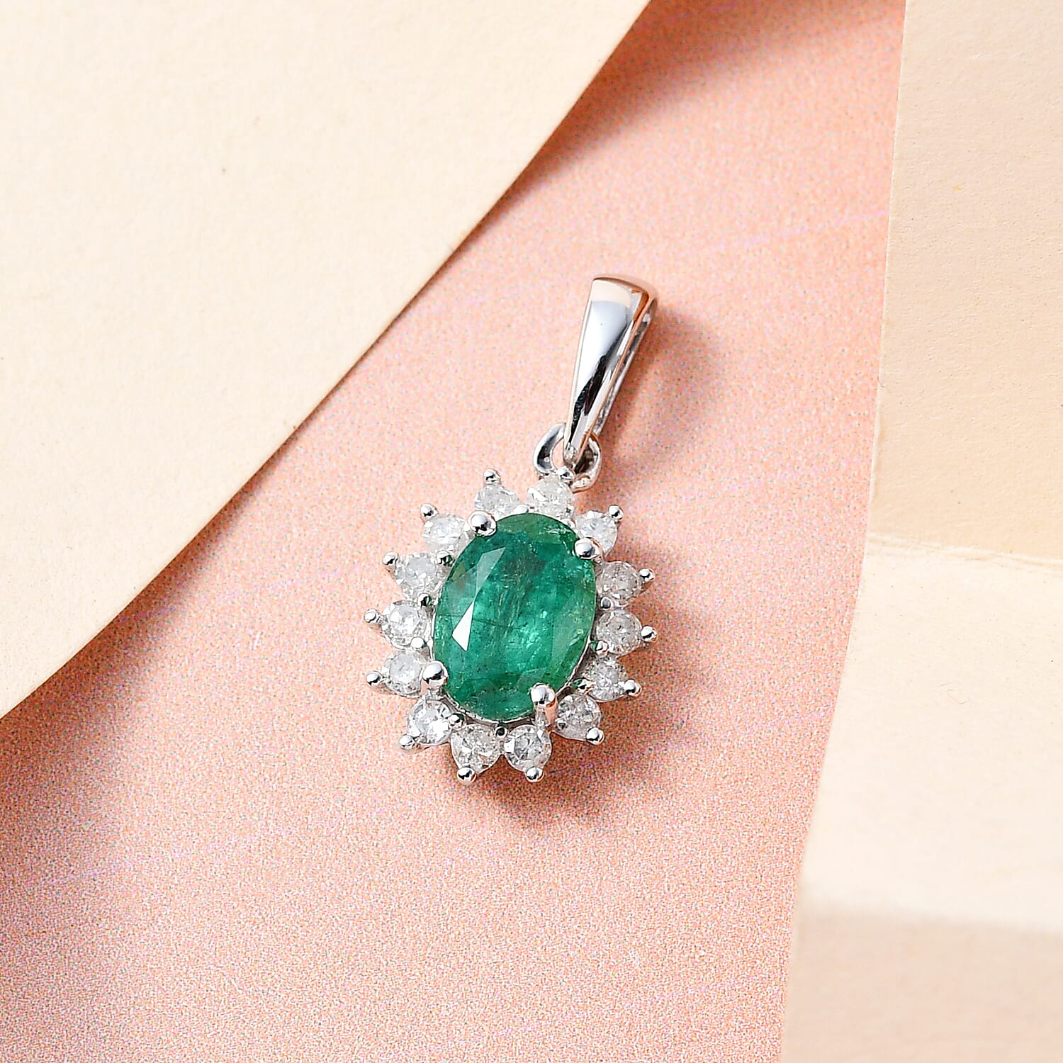 9K White Gold AAA Gemfields Emerald and Diamond Pendant 0.92 Ct.