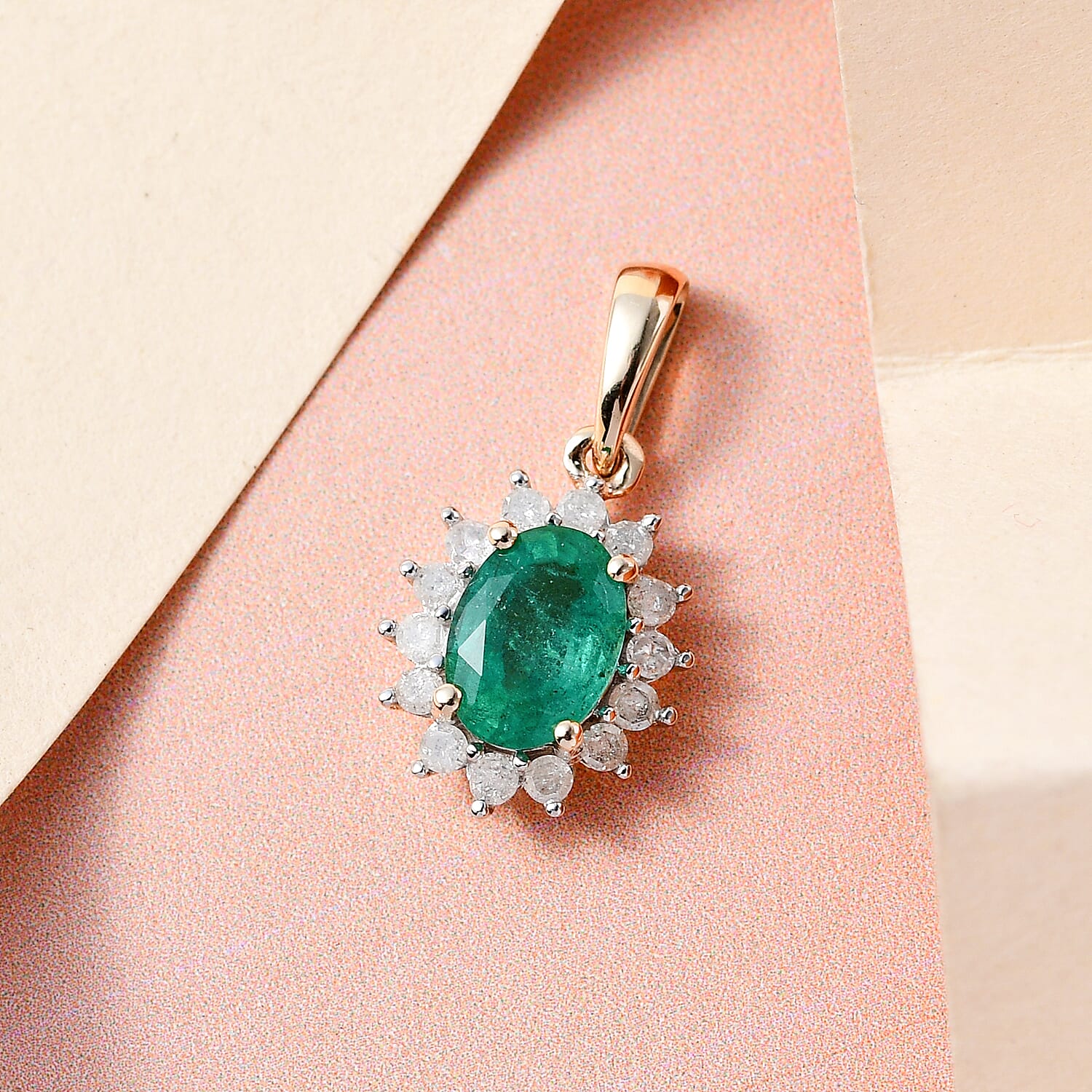 9K Yellow Gold Zambian Emerald and Diamond (I3) Pendant 0.92 Ct.