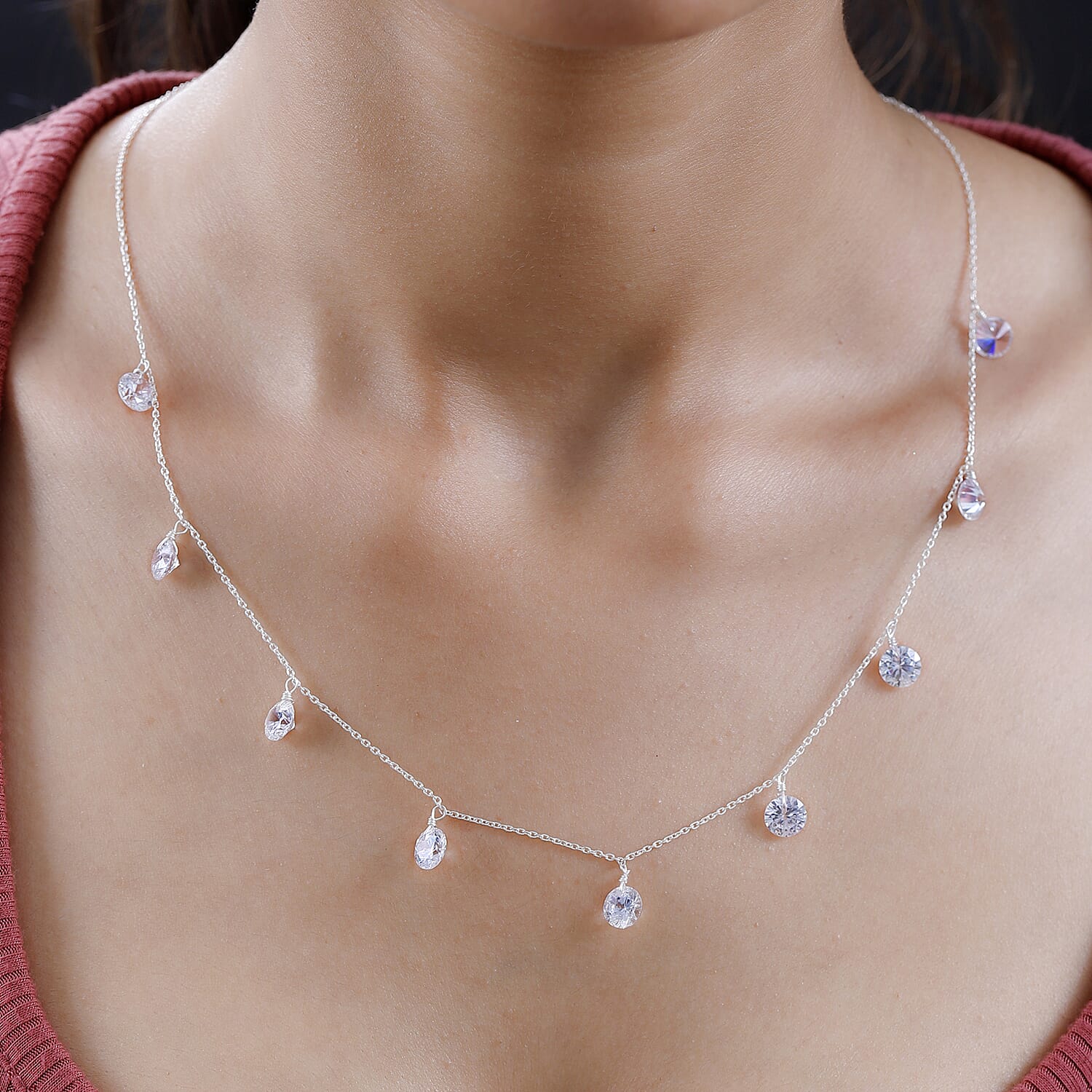 NY Closeout - Simulated Diamond Station Necklace (Size - 20) in Sterling Silver