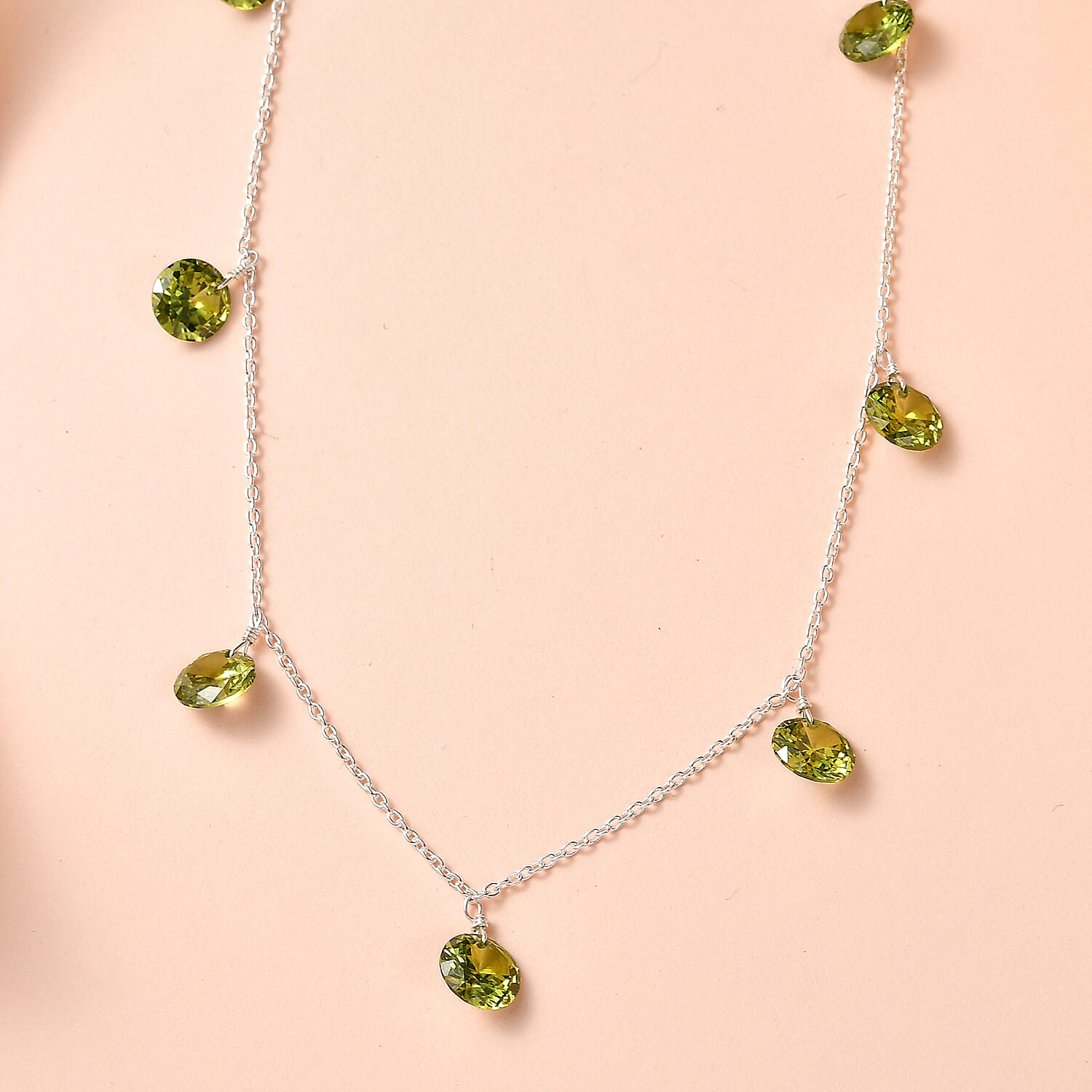 NY Closeout - Simulated Green Diamond Station Necklace (Size - 20) in Sterling Silver