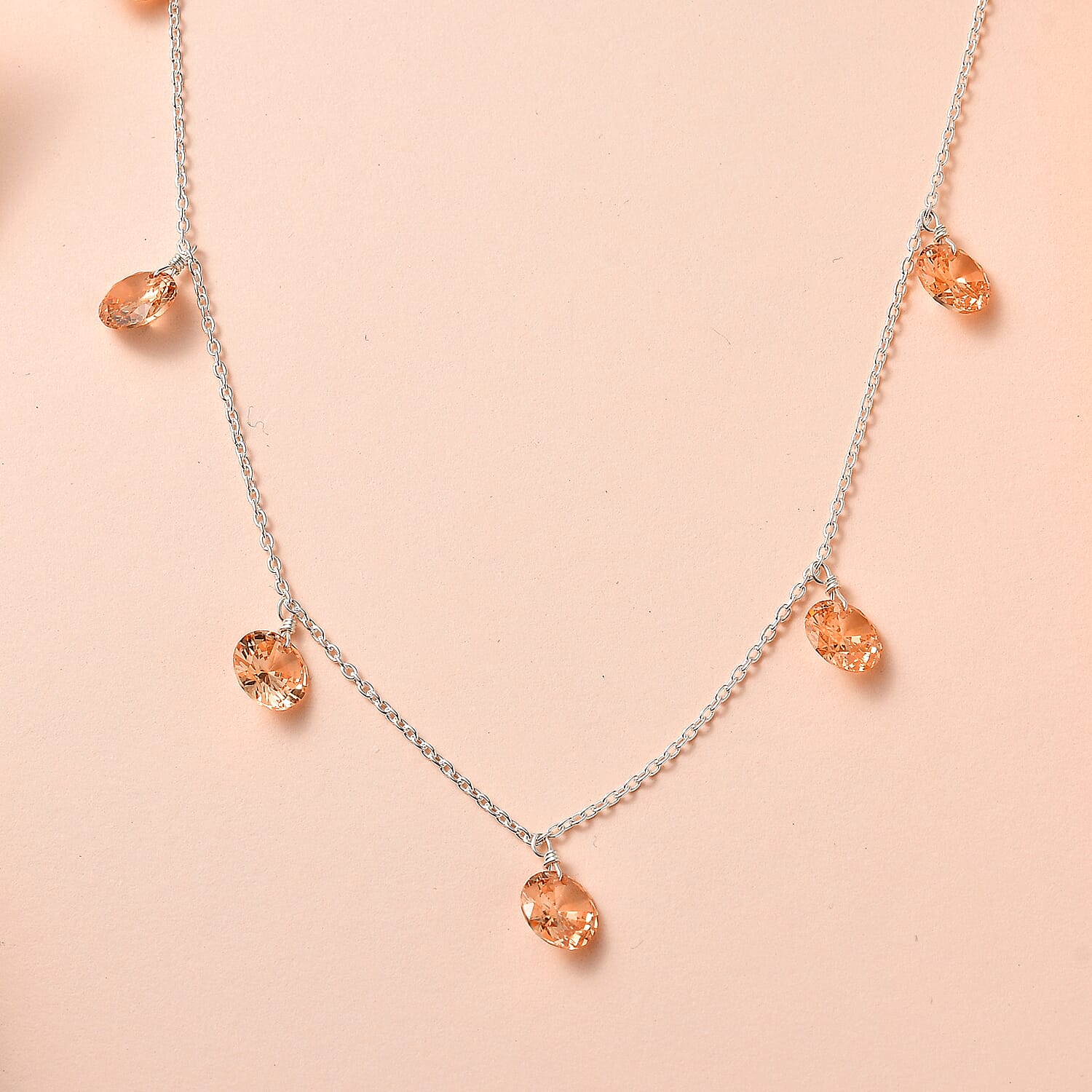 NY Closeout - Simulated Champagne Diamond Station Necklace (Size - 20) in Sterling Silver