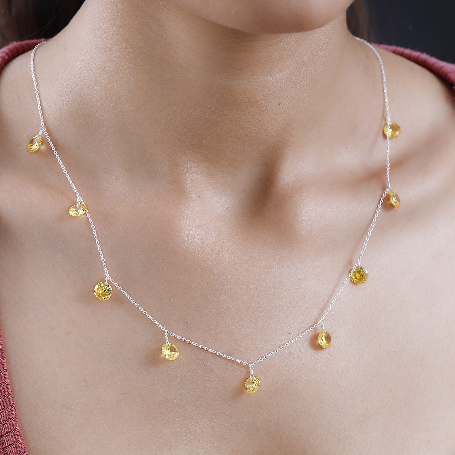 NY Closeout - Simulated Yellow Diamond Station Necklace (Size - 20) in Sterling Silver