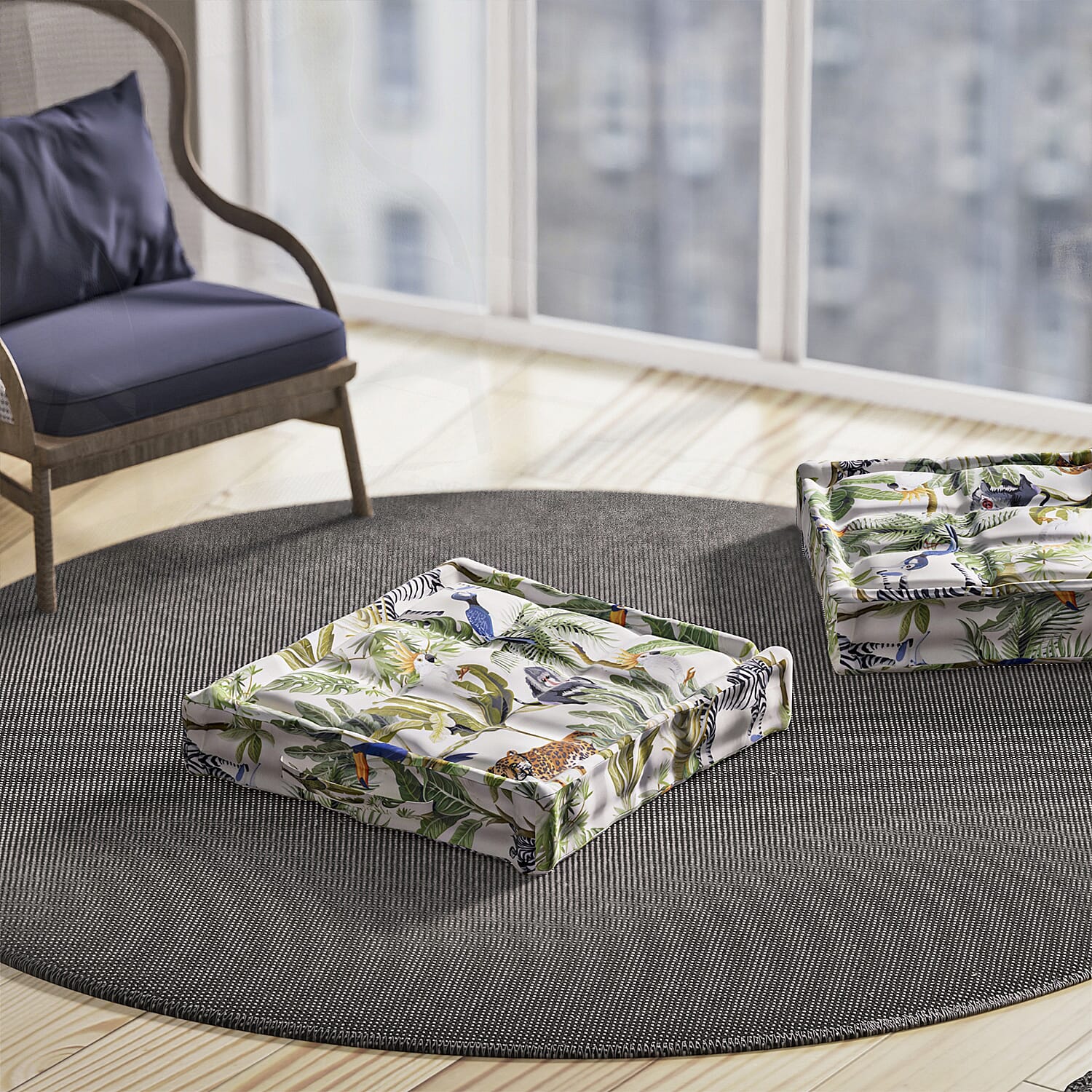 Set of 2 - Homesmart Water-proof Rain Forest Tropical Jungle Pattern Floor Cushion with Handle (Size 40x40x7 cm) - Green