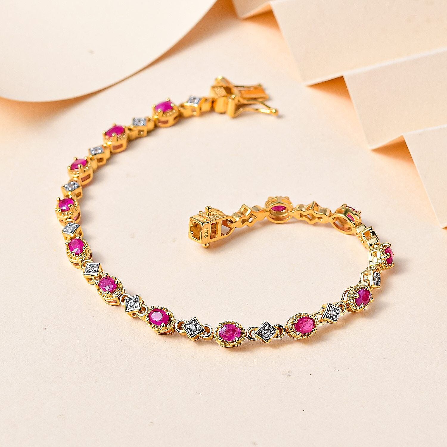Ruby and Natural Cambodian Zircon Bracelet (Size - 7.5) in 18K Vermeil Yellow Gold Plated Sterling Silver 3.13 Ct, Silver Wt 9.10 Gms