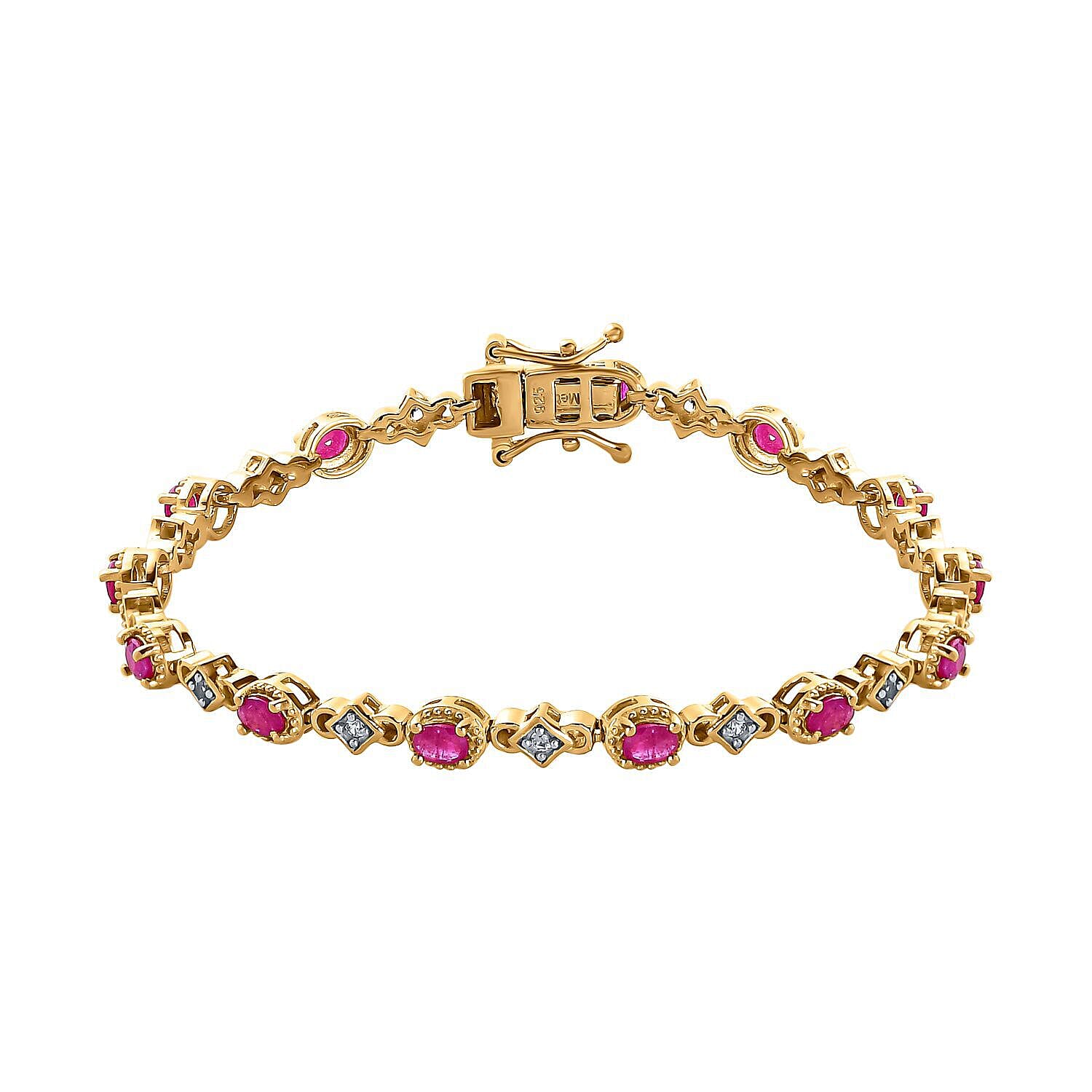 Ruby and Natural Cambodian Zircon Bracelet (Size - 7.5) in 18K Vermeil Yellow Gold Plated Sterling Silver 3.13 Ct, Silver Wt 9.10 Gms