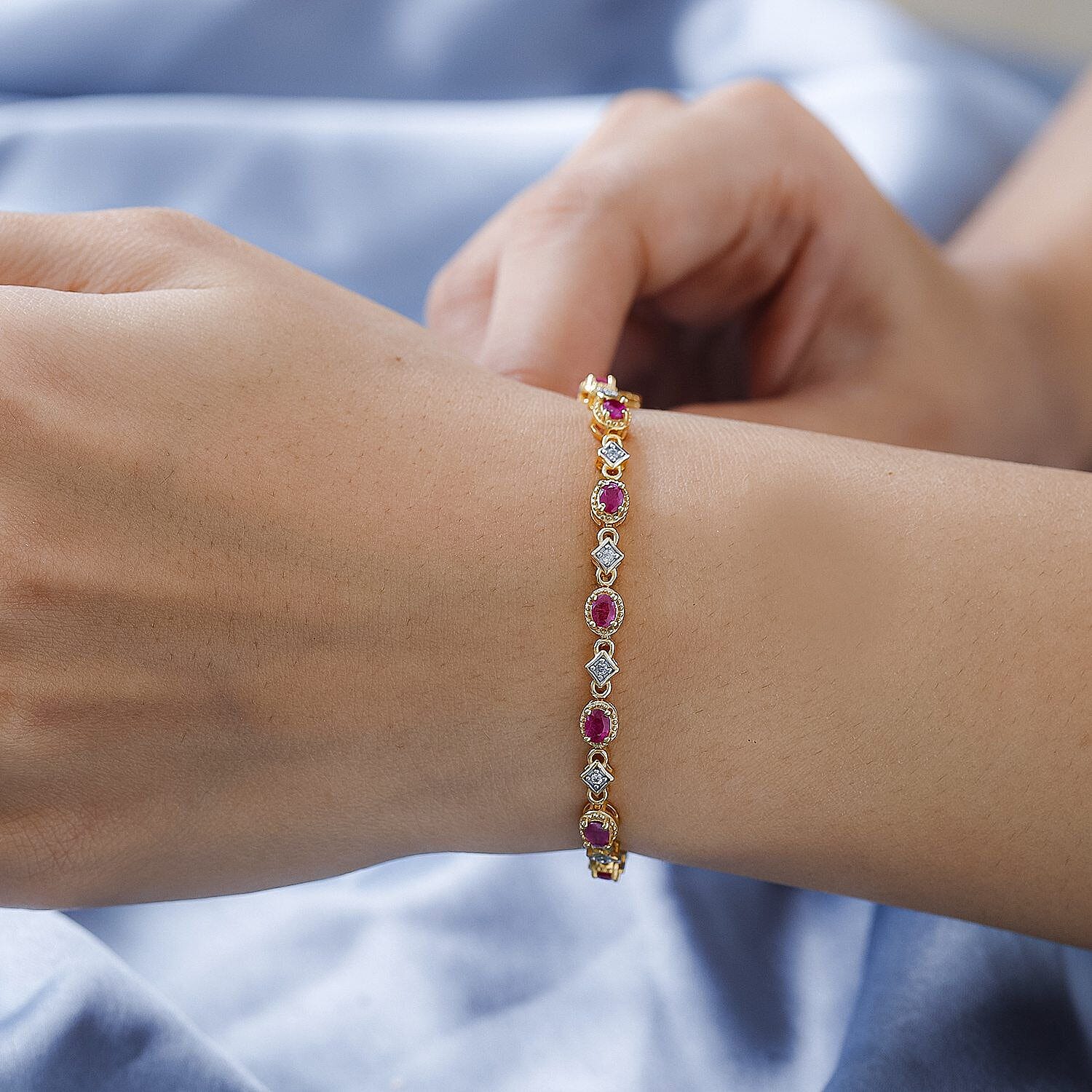 Ruby and Natural Cambodian Zircon Bracelet (Size - 7.5) in 18K Vermeil Yellow Gold Plated Sterling Silver 3.13 Ct, Silver Wt 9.10 Gms