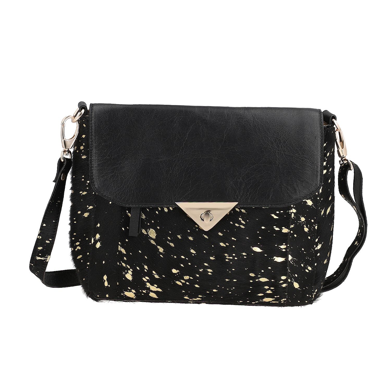 100% Genuine Leather Cowhide with Golden Foil Printing Crossbody Bag - Golden - Black