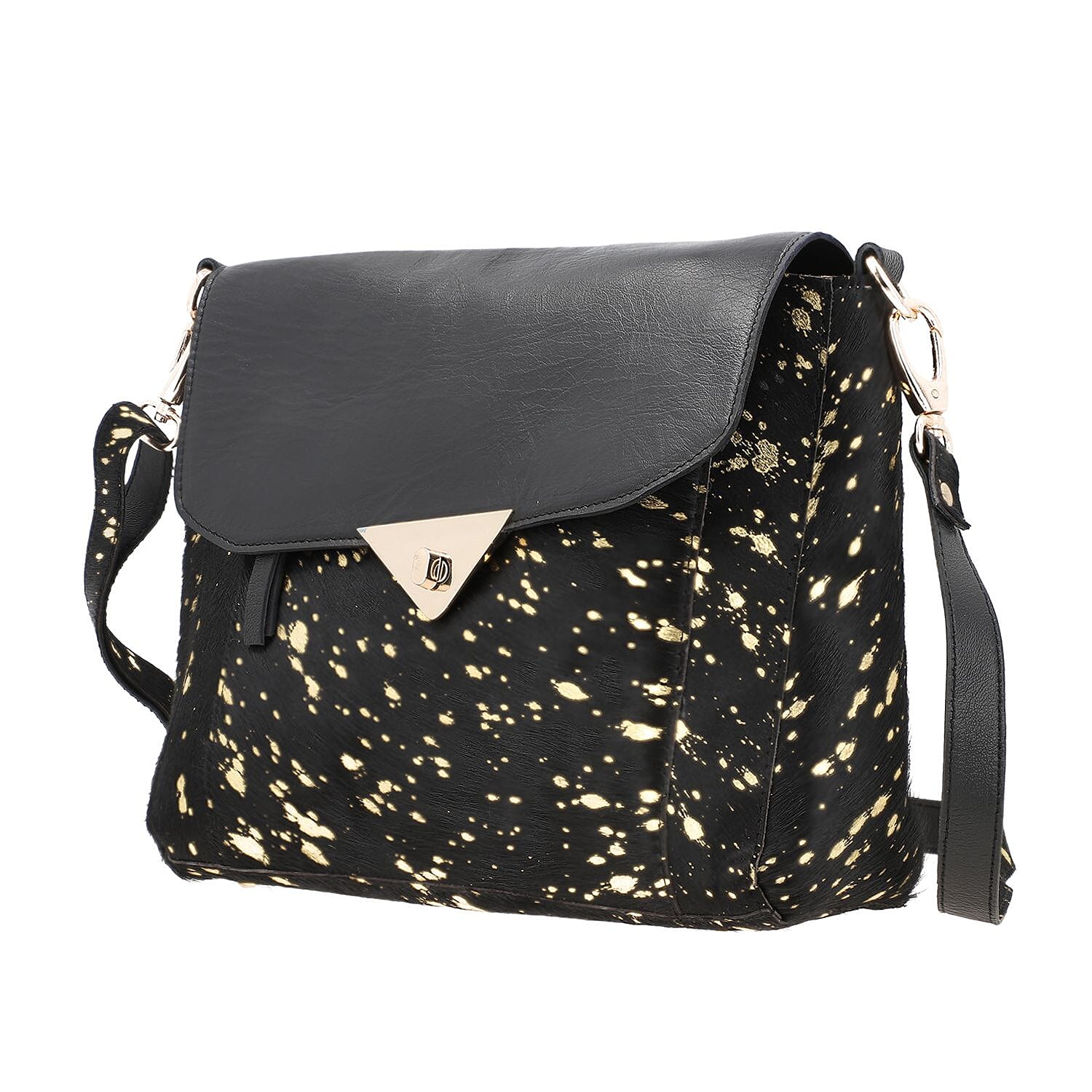 100% Genuine Leather Cowhide with Golden Foil Printing Crossbody Bag - Golden - Black