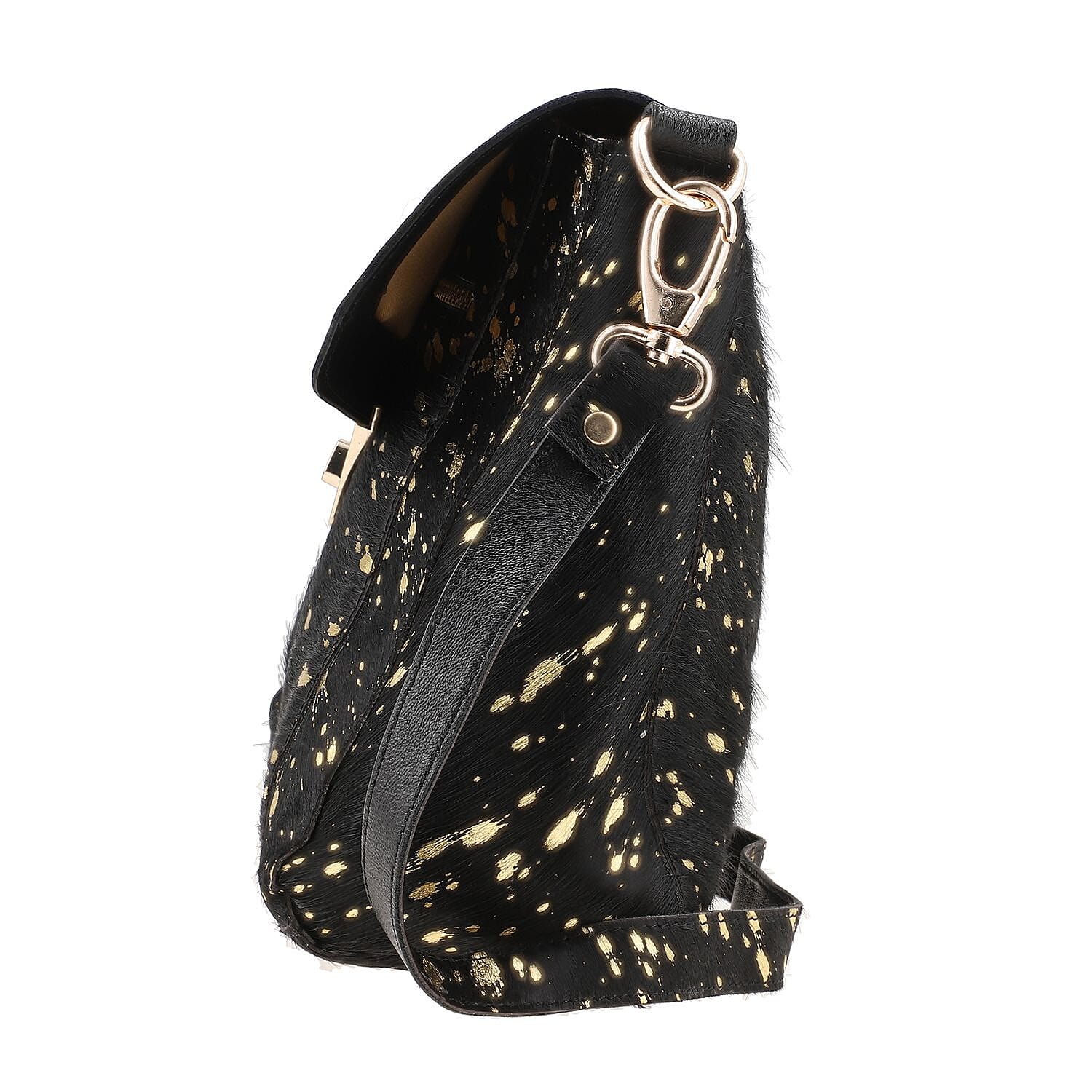100% Genuine Leather Cowhide with Golden Foil Printing Crossbody Bag - Golden - Black