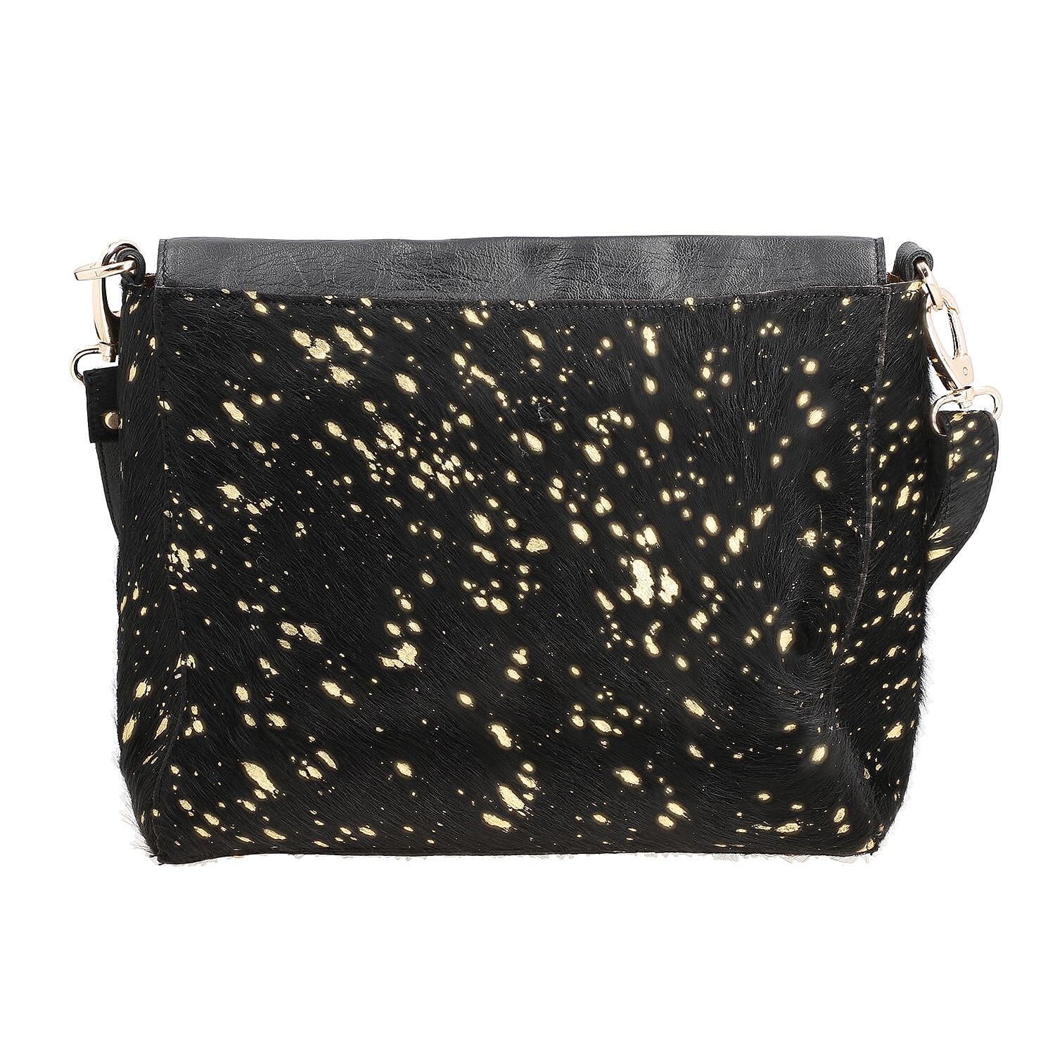 100% Genuine Leather Cowhide with Golden Foil Printing Crossbody Bag - Golden - Black