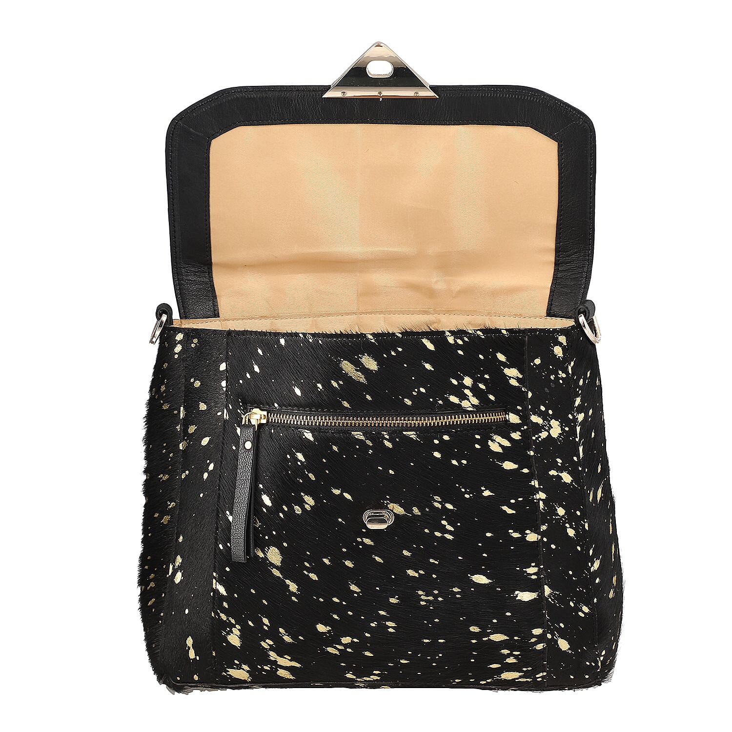 100% Genuine Leather Cowhide with Golden Foil Printing Crossbody Bag - Golden - Black