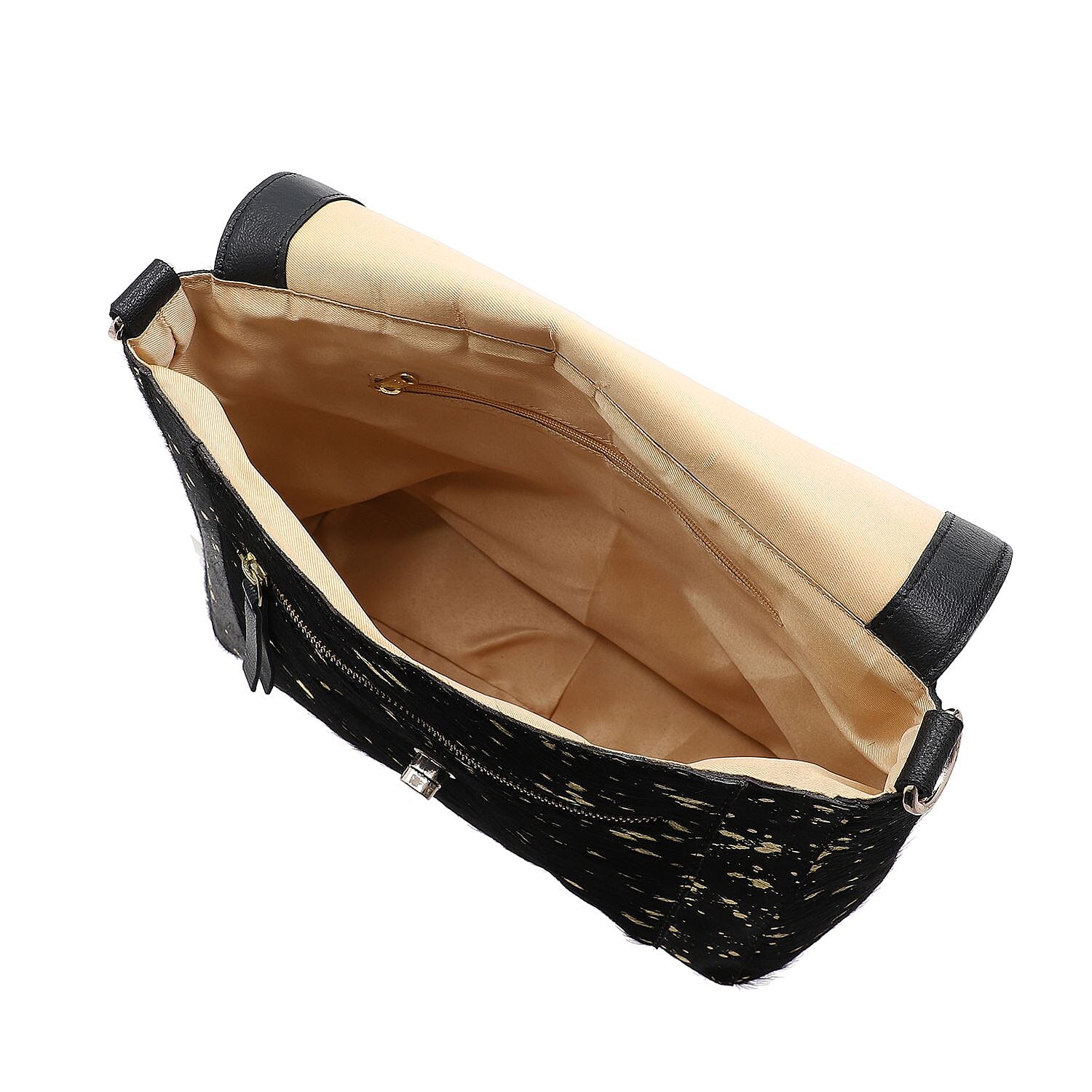 100% Genuine Leather Cowhide with Golden Foil Printing Crossbody Bag - Golden - Black
