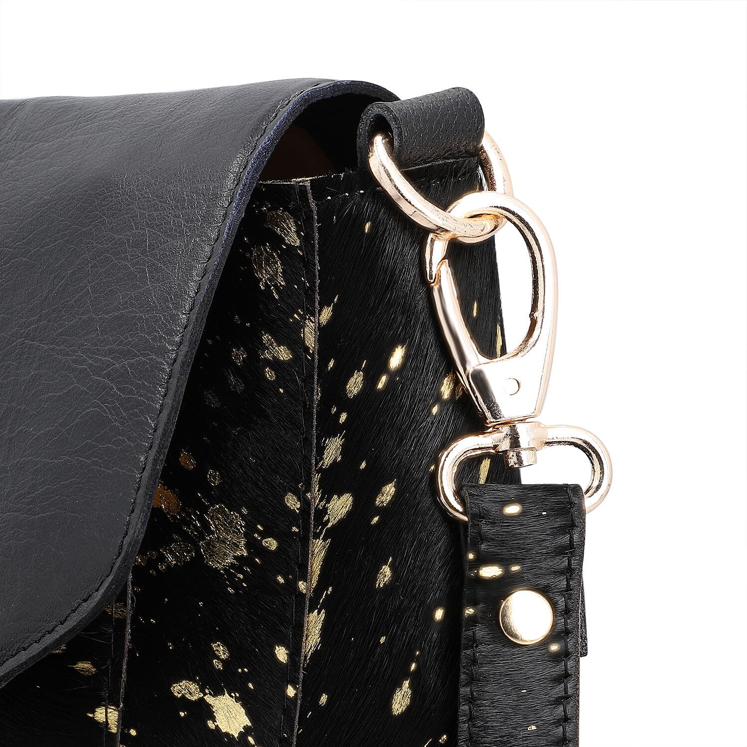 100% Genuine Leather Cowhide with Golden Foil Printing Crossbody Bag - Golden - Black