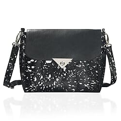 100% Genuine Leather Cowhide with Silver Foil Printing Crossbody Bag - Silver - Black