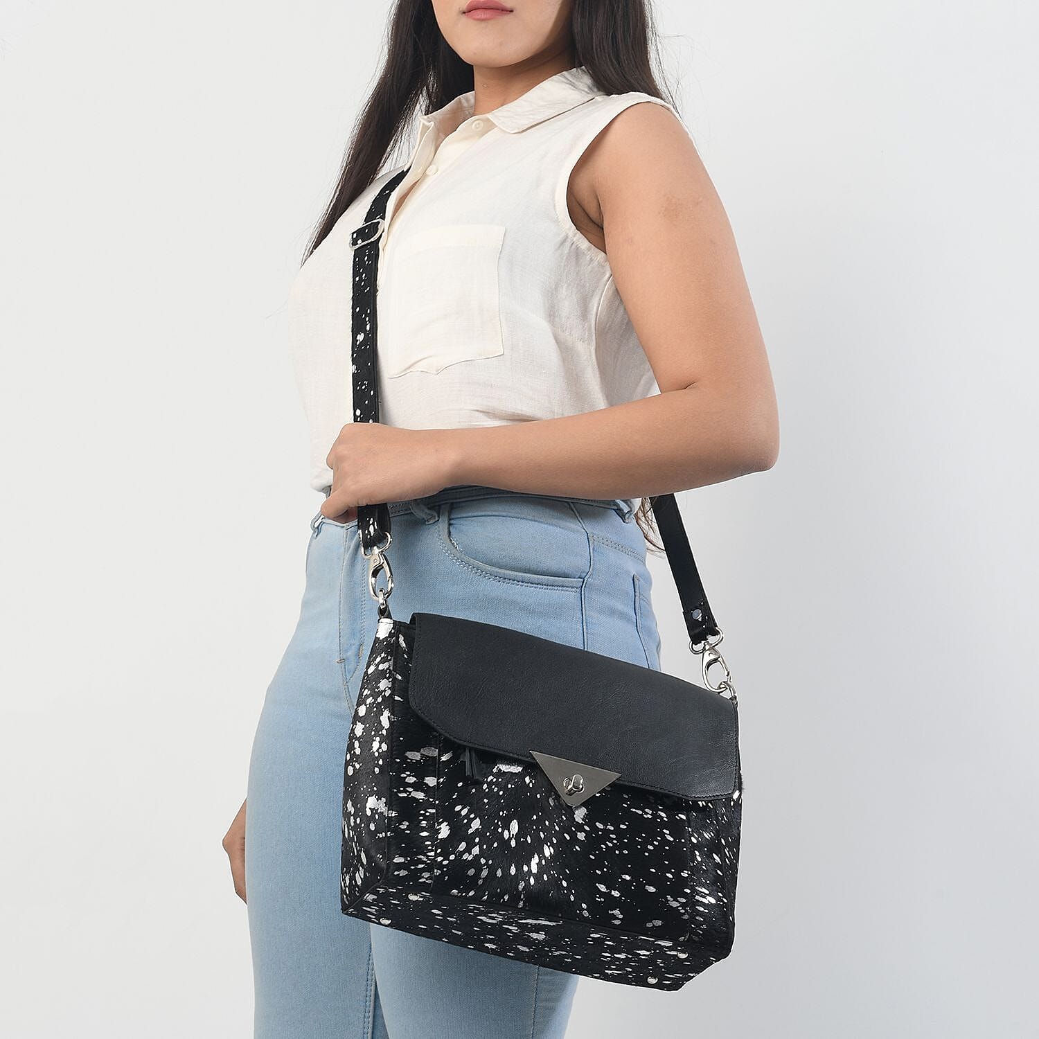 100% Genuine Leather Cowhide with Silver Foil Printing Crossbody Bag - Silver - Black
