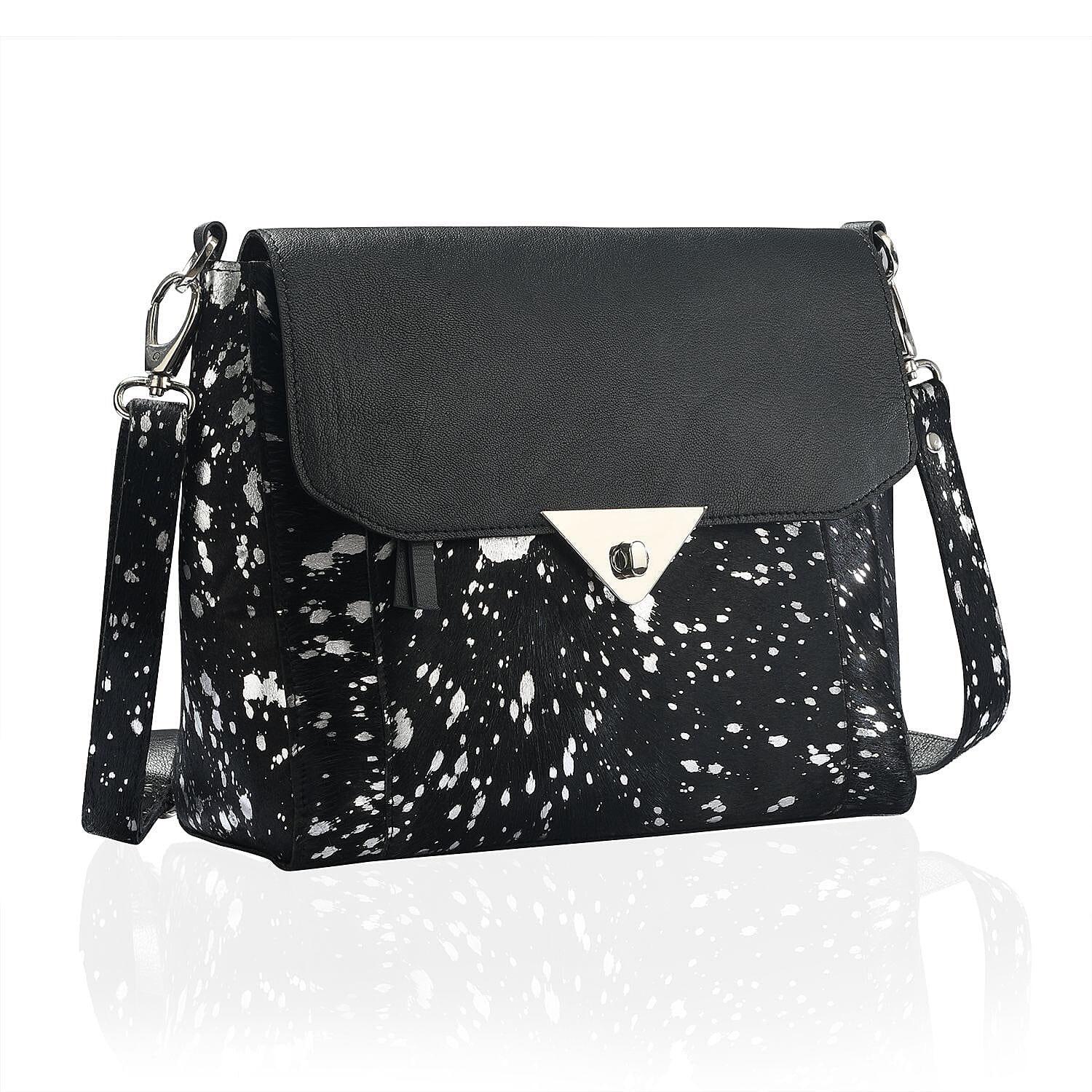 100% Genuine Leather Cowhide with Silver Foil Printing Crossbody Bag - Silver - Black