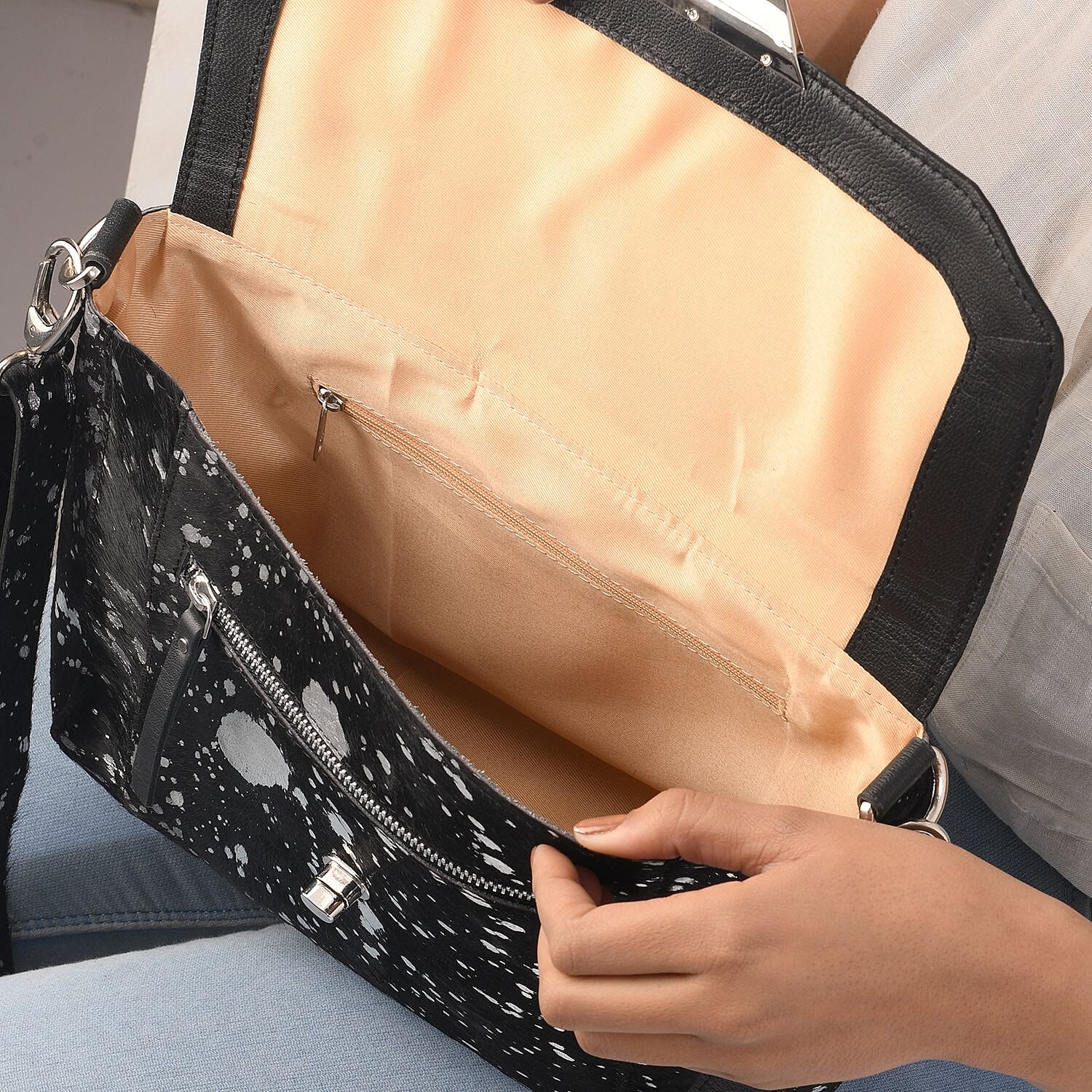 100% Genuine Leather Cowhide with Silver Foil Printing Crossbody Bag - Silver - Black