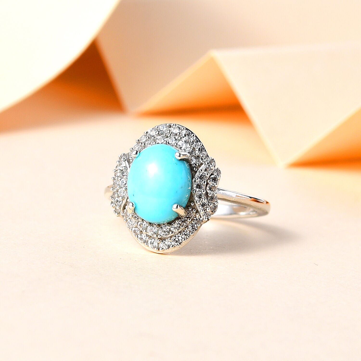GP Art Deco Collection - Arizona Sleeping Beauty Turquoise and Natural Zircon Ring in Platinum Overlay Sterling Silver 2.03 Ct