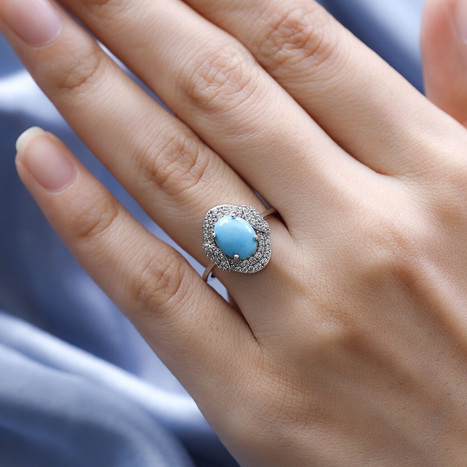 GP Art Deco Collection - Arizona Sleeping Beauty Turquoise and Natural Zircon Ring in Platinum Overlay Sterling Silver 2.03 Ct