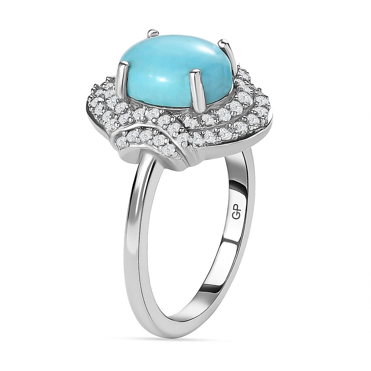 GP Art Deco Collection - Arizona Sleeping Beauty Turquoise and Natural Zircon Ring in Platinum Overlay Sterling Silver 2.03 Ct