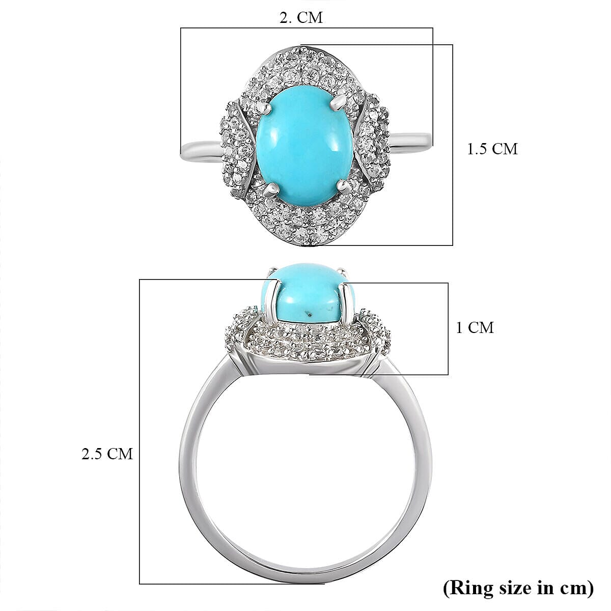 GP Art Deco Collection - Arizona Sleeping Beauty Turquoise and Natural Zircon Ring in Platinum Overlay Sterling Silver 2.03 Ct