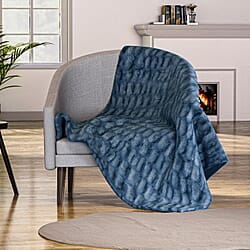 Ruched Faux Rabbit Hair with Velour Double Layer Blanket (Size 152x127 cm) - Blue