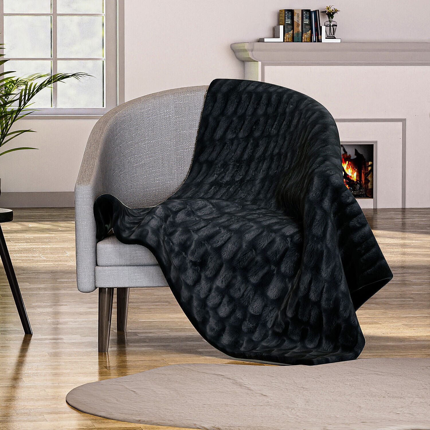 Ruched Super Soft Blanket with Velour Double Layer (Size 152x127 cm) - Black