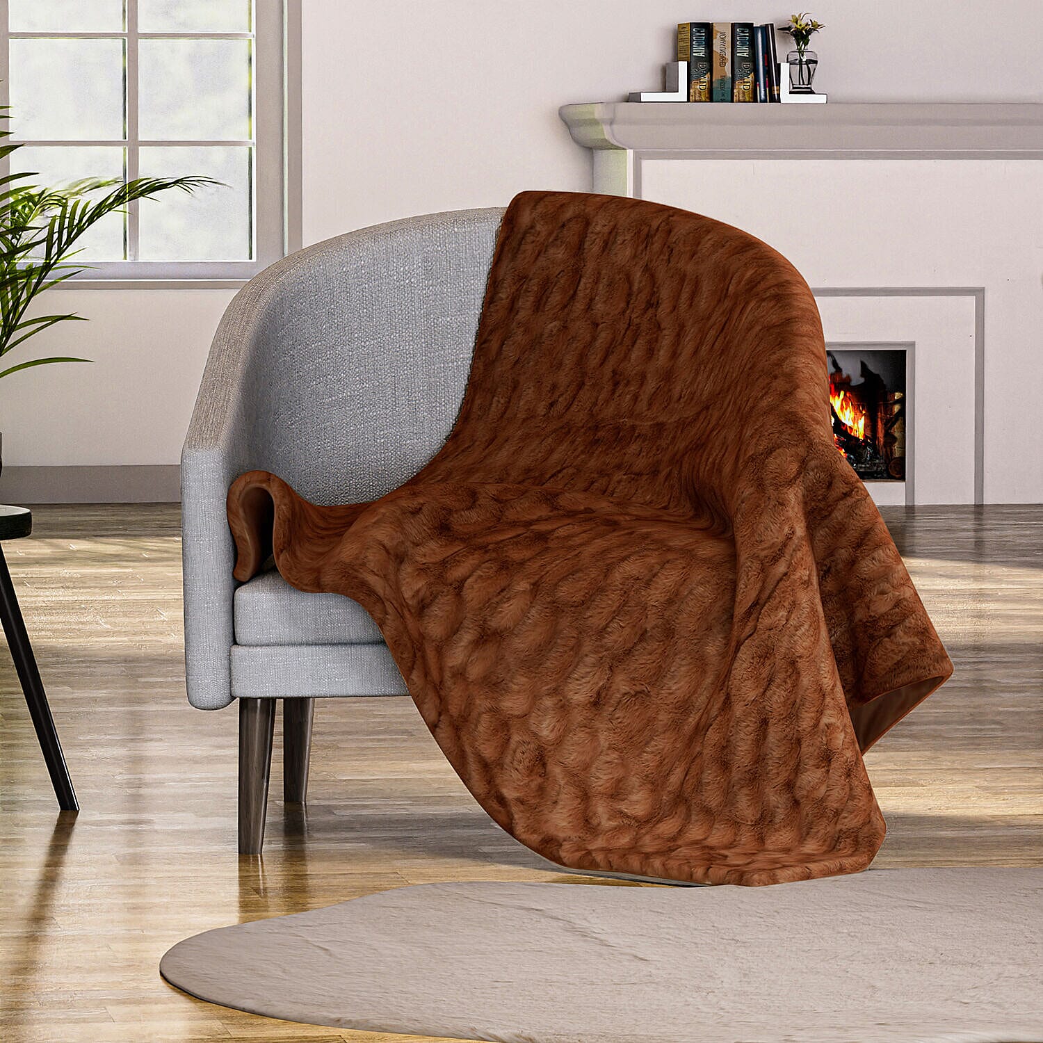 Ruched Faux Rabbit Fur with Velour Double Layer Blanket (Size 152x127 cm) - Brown
