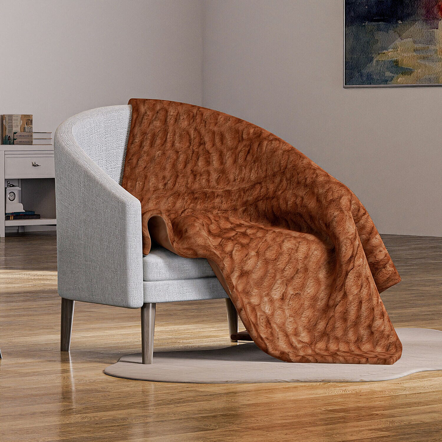 Ruched Faux Rabbit Fur with Velour Double Layer Blanket (Size 152x127 cm) - Brown