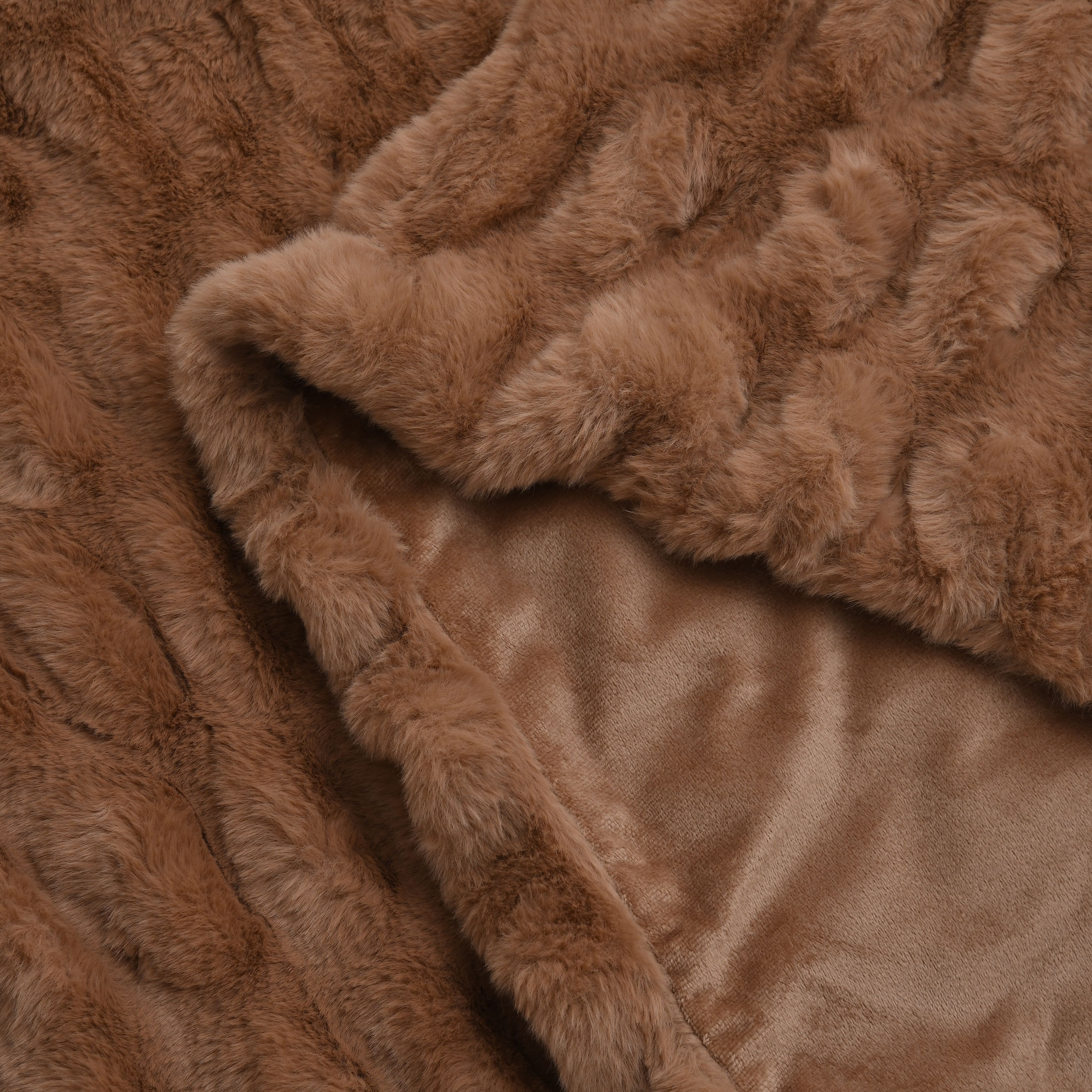 Ruched Faux Rabbit Fur with Velour Double Layer Blanket (Size 152x127 cm) - Brown
