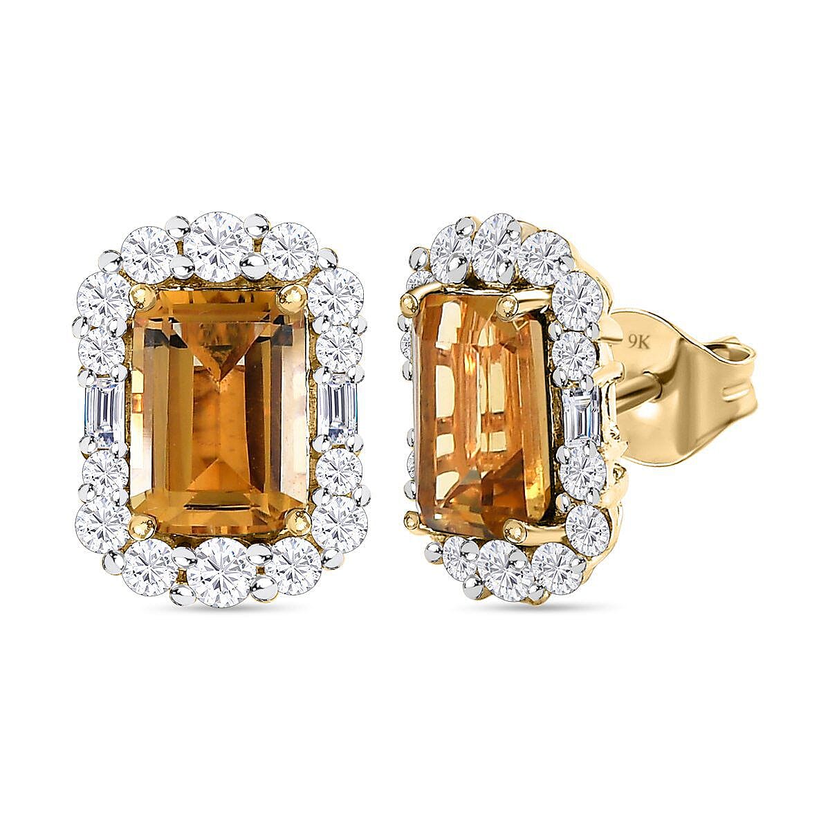 9K Yellow Gold AA Citrine and Moissanite Stud Push Post Halo Earrings 2.33 Ct